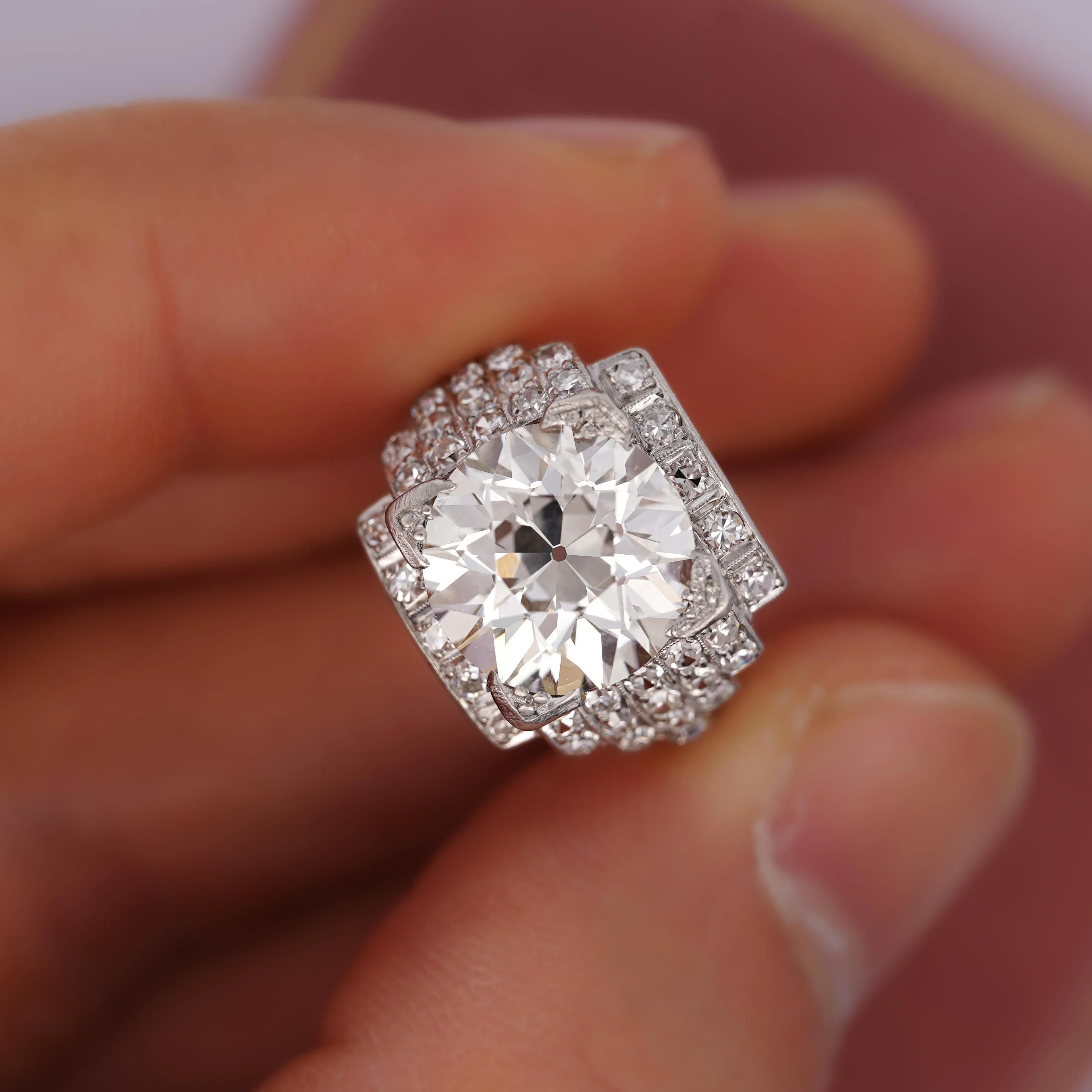 GIA Cert. 5.01 Carat Old Euro Cut Diamond Edwardian Antique Platinum Ring - Image 3