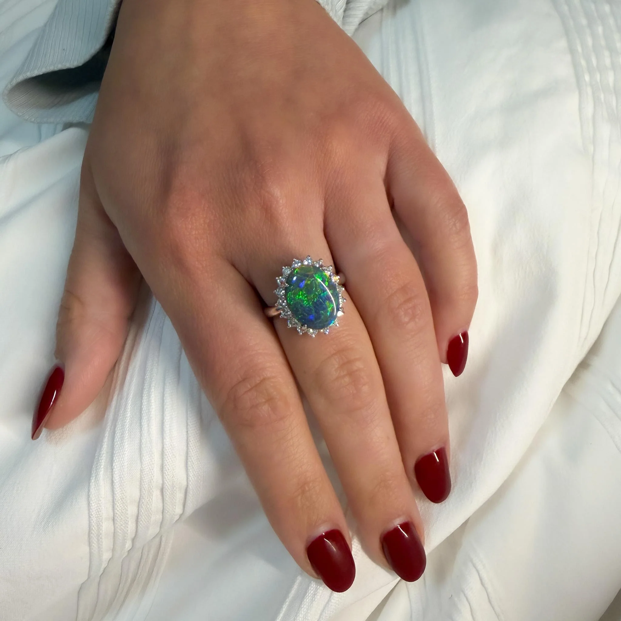 GIA Cert. 5.10 Carat Untreated Black Opal Diamond Halo Platinum Starburst Ring - Image 10