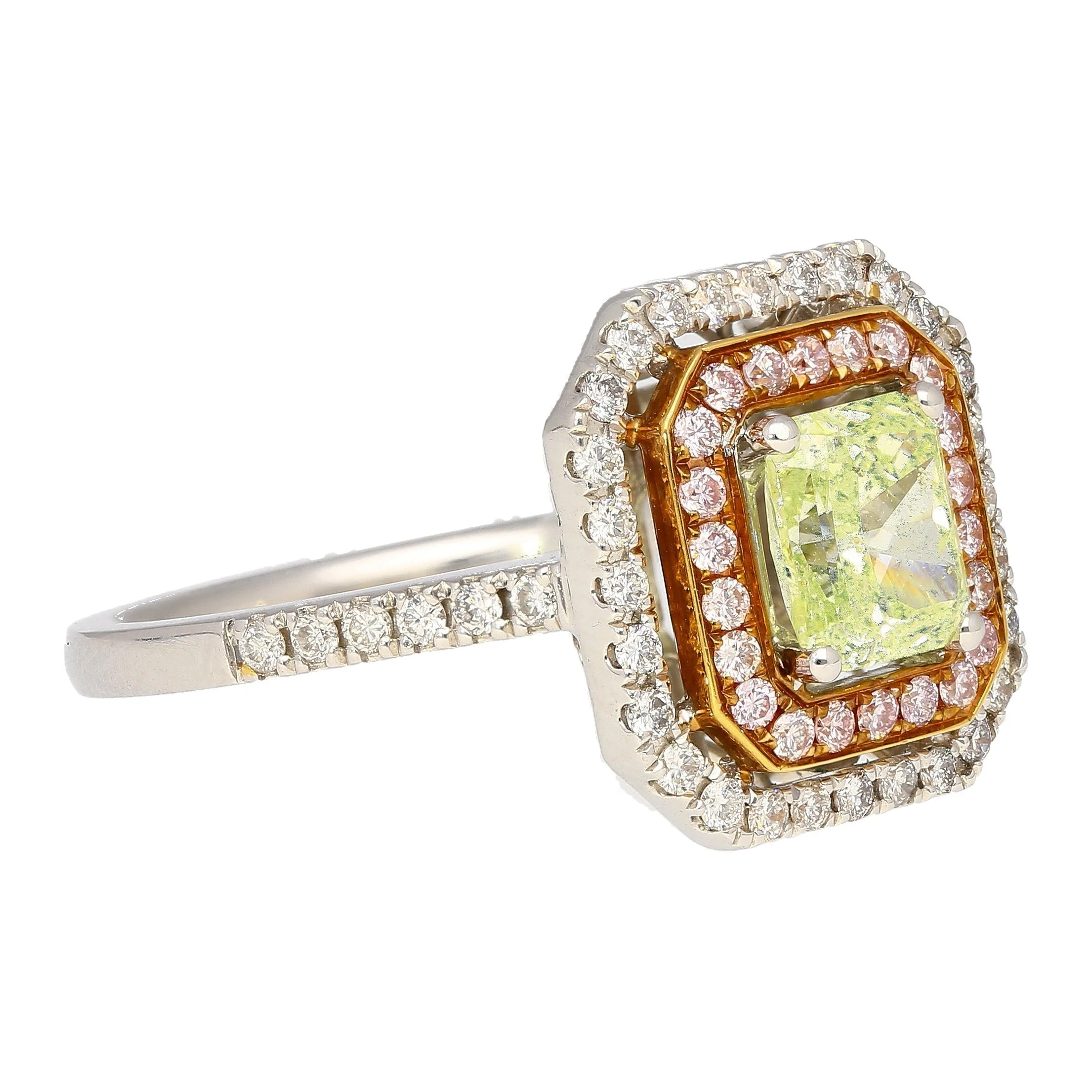 GIA Certified 1.12 carat Radiant Cut Fancy Light Green-Yellow Diamond and Diamond Halo Ring - Image 2