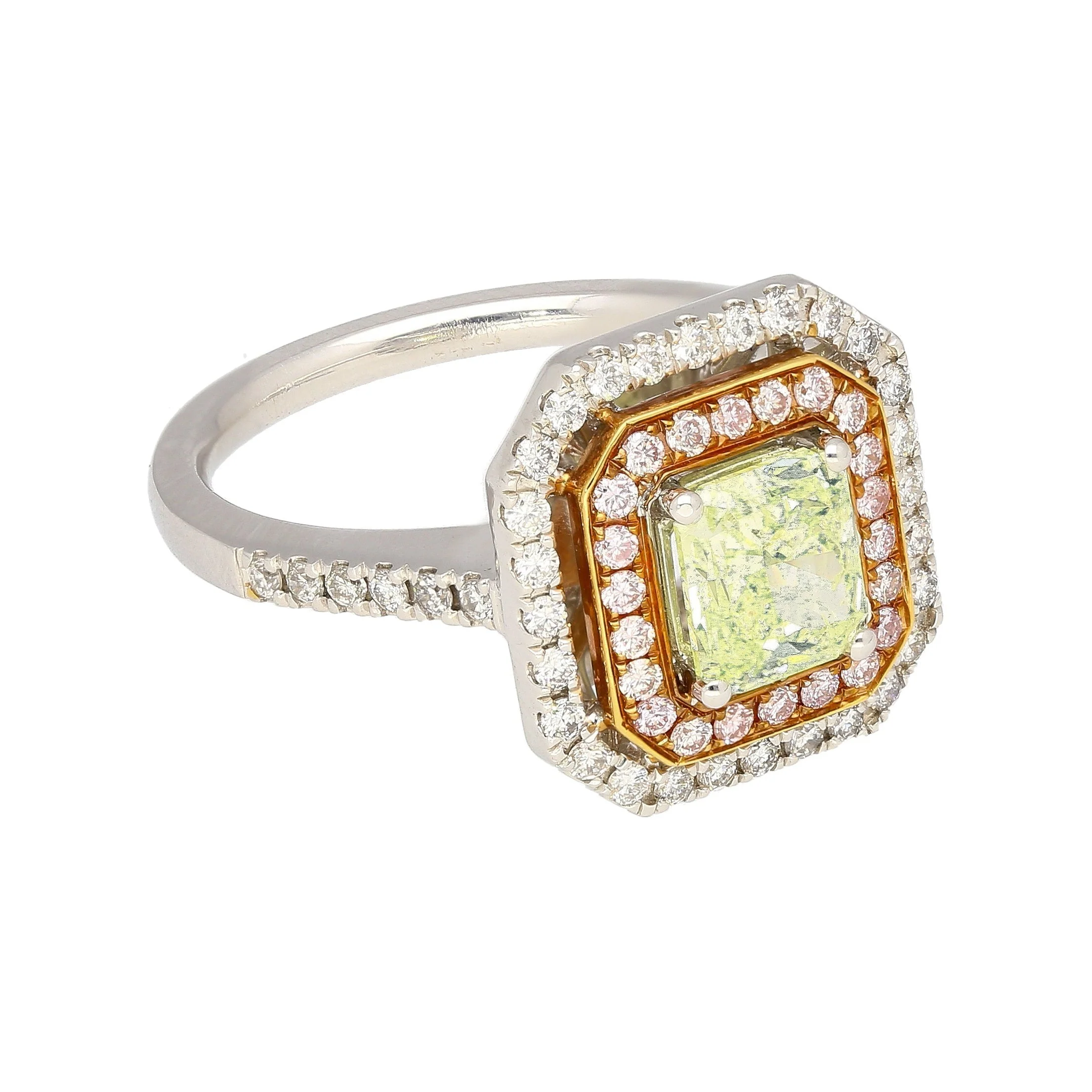 GIA Certified 1.12 carat Radiant Cut Fancy Light Green-Yellow Diamond and Diamond Halo Ring - Image 3
