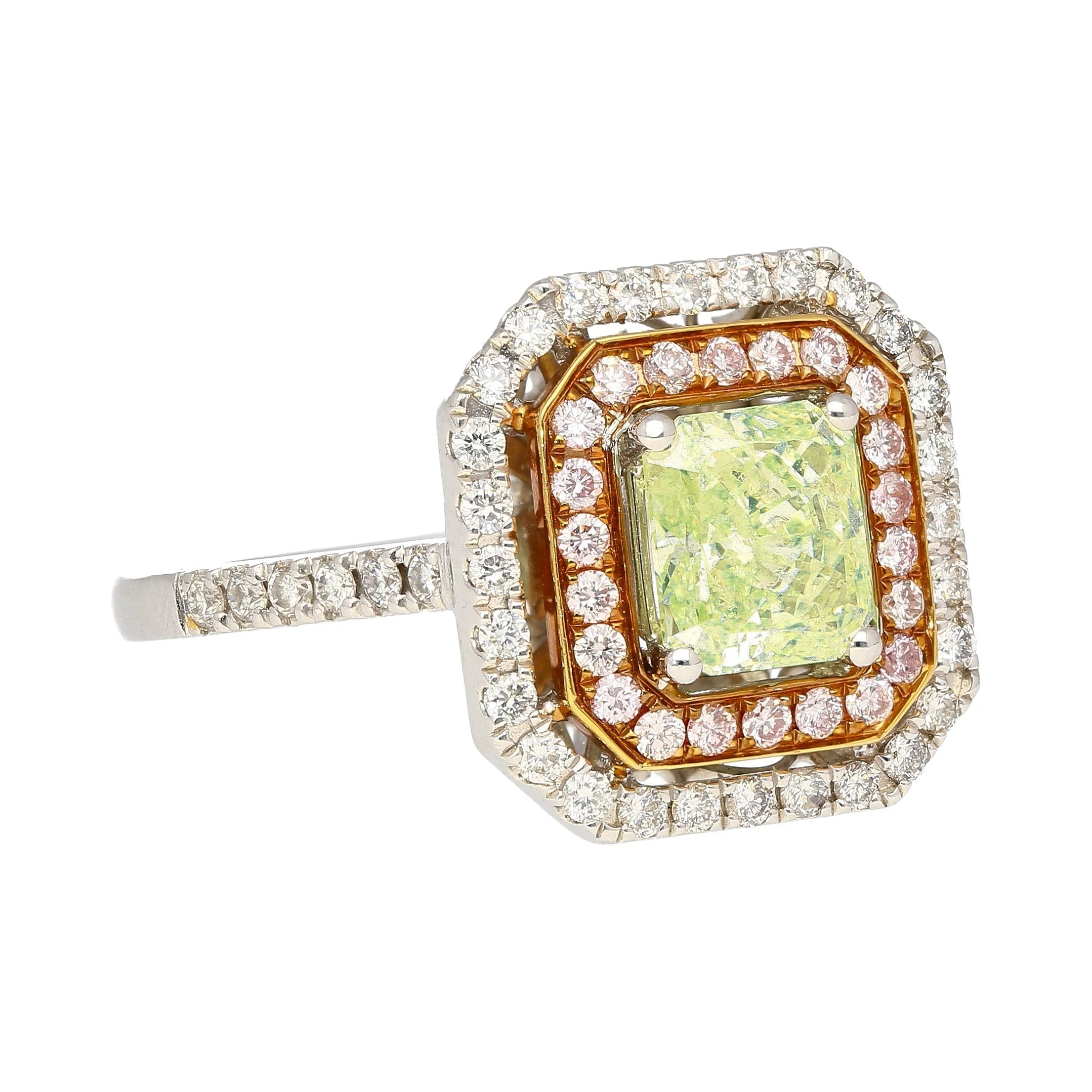 GIA Certified 1.12 carat Radiant Cut Fancy Light Green-Yellow Diamond and Diamond Halo Ring - Image 4