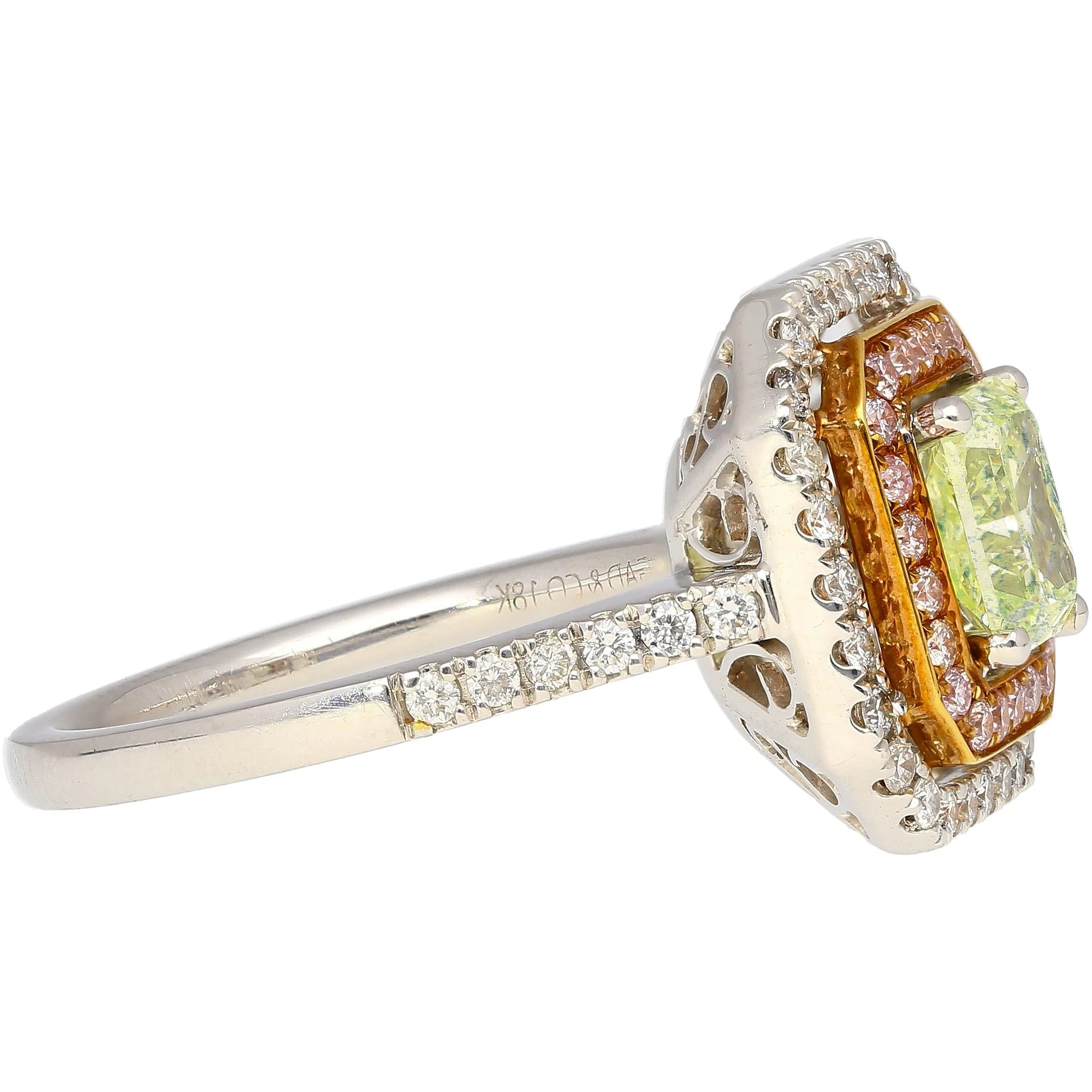 GIA Certified 1.12 carat Radiant Cut Fancy Light Green-Yellow Diamond and Diamond Halo Ring - Image 5