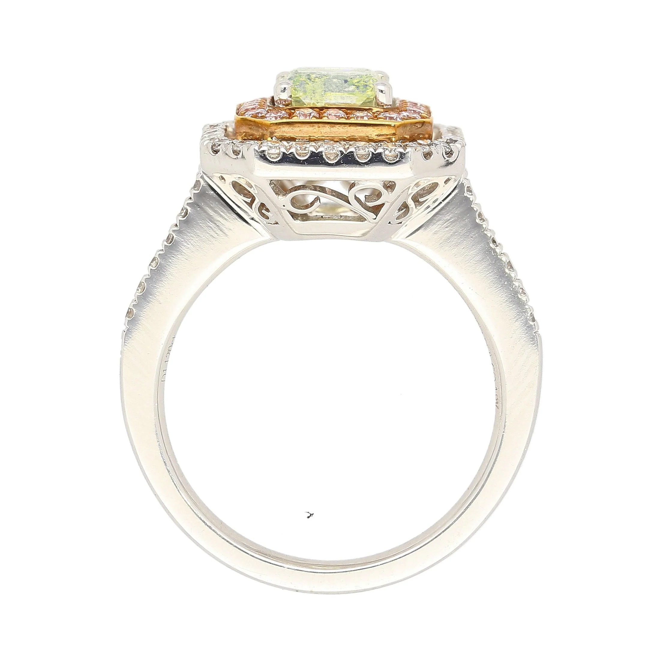 GIA Certified 1.12 carat Radiant Cut Fancy Light Green-Yellow Diamond and Diamond Halo Ring - Image 6