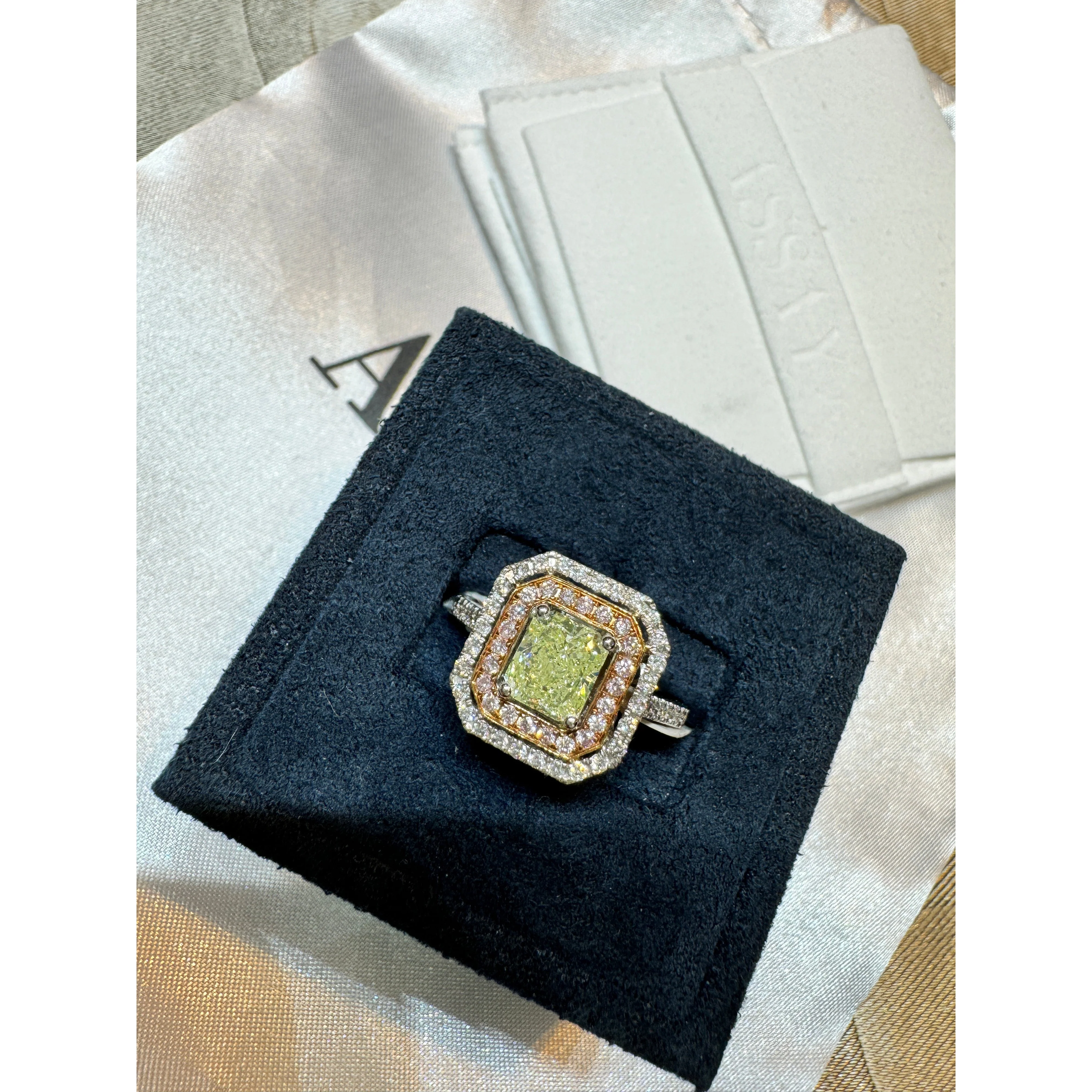 GIA Certified 1.12 carat Radiant Cut Fancy Light Green-Yellow Diamond and Diamond Halo Ring - Image 7