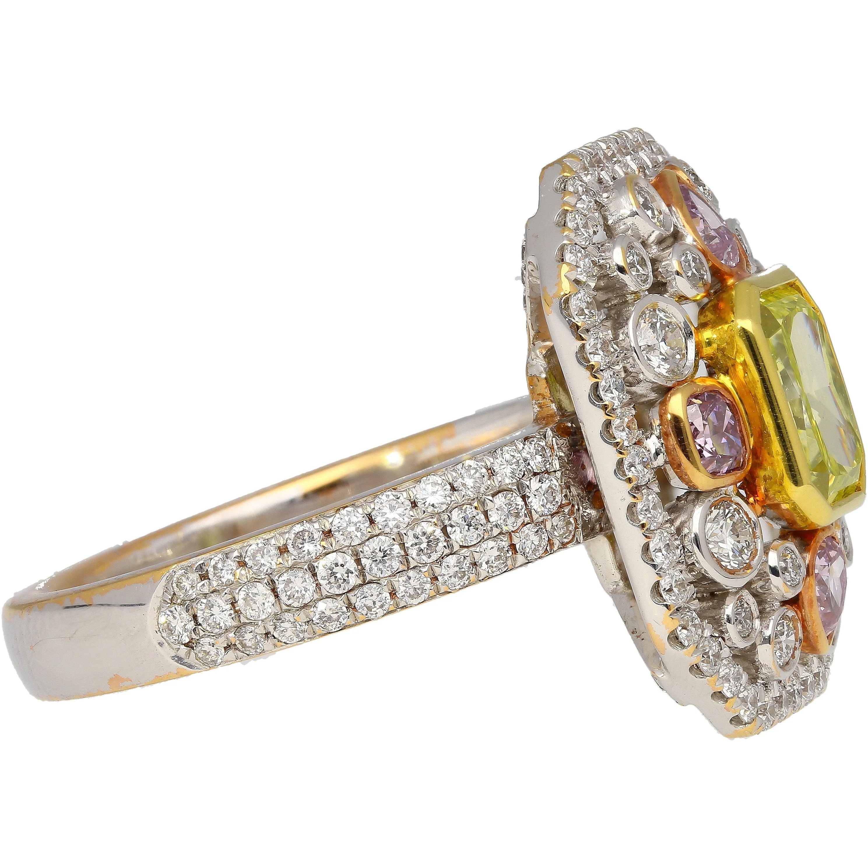 GIA Certified 1.15 Carat Radiant Cut Fancy Intense Yellowish Green Diamond Ring With Pink/White Side Stones - Image 3