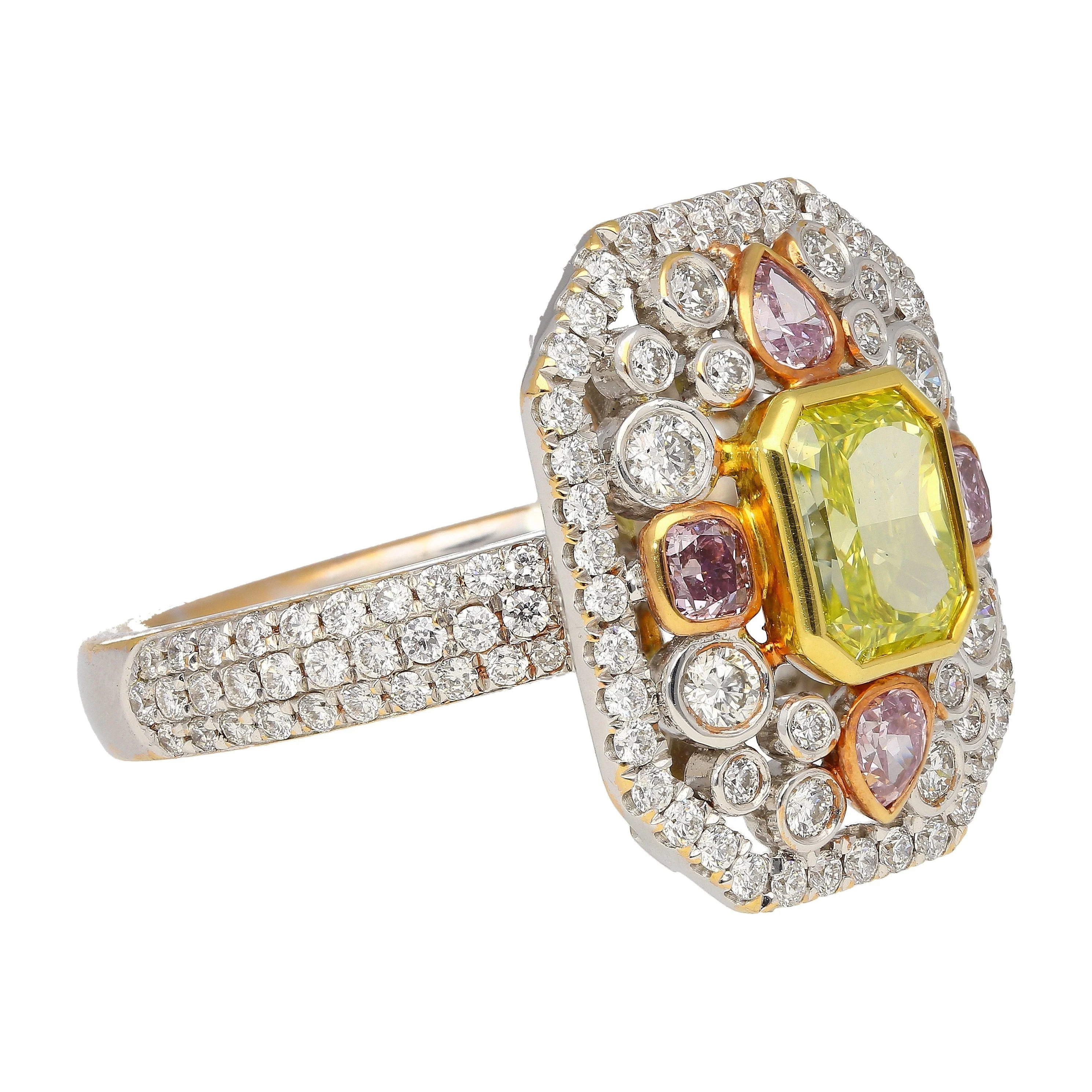GIA Certified 1.15 Carat Radiant Cut Fancy Intense Yellowish Green Diamond Ring With Pink/White Side Stones - Image 4