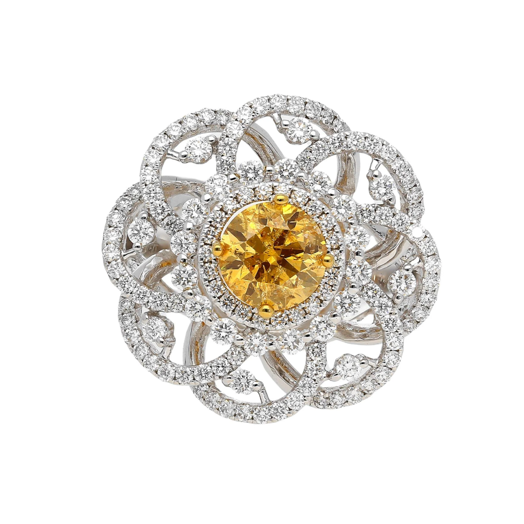 GIA Certified 1.22 Carat Fancy Intense Orange-Yellow Diamond Floral Halo Ring