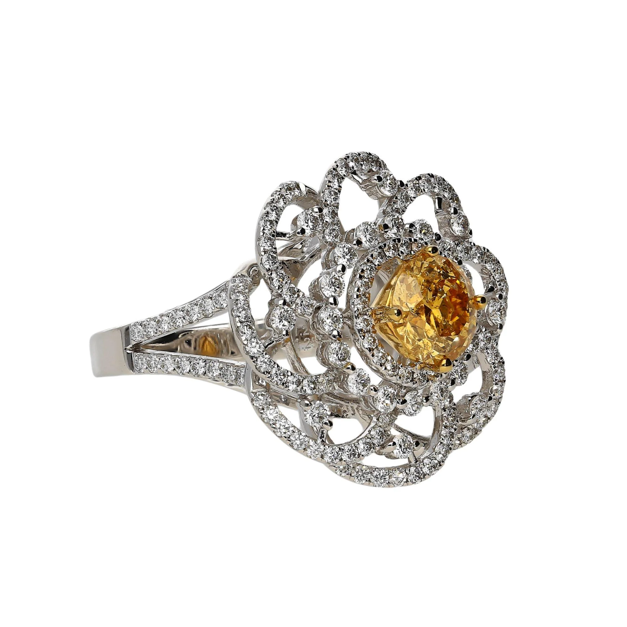 GIA Certified 1.22 Carat Fancy Intense Orange-Yellow Diamond Floral Halo Ring - Image 2