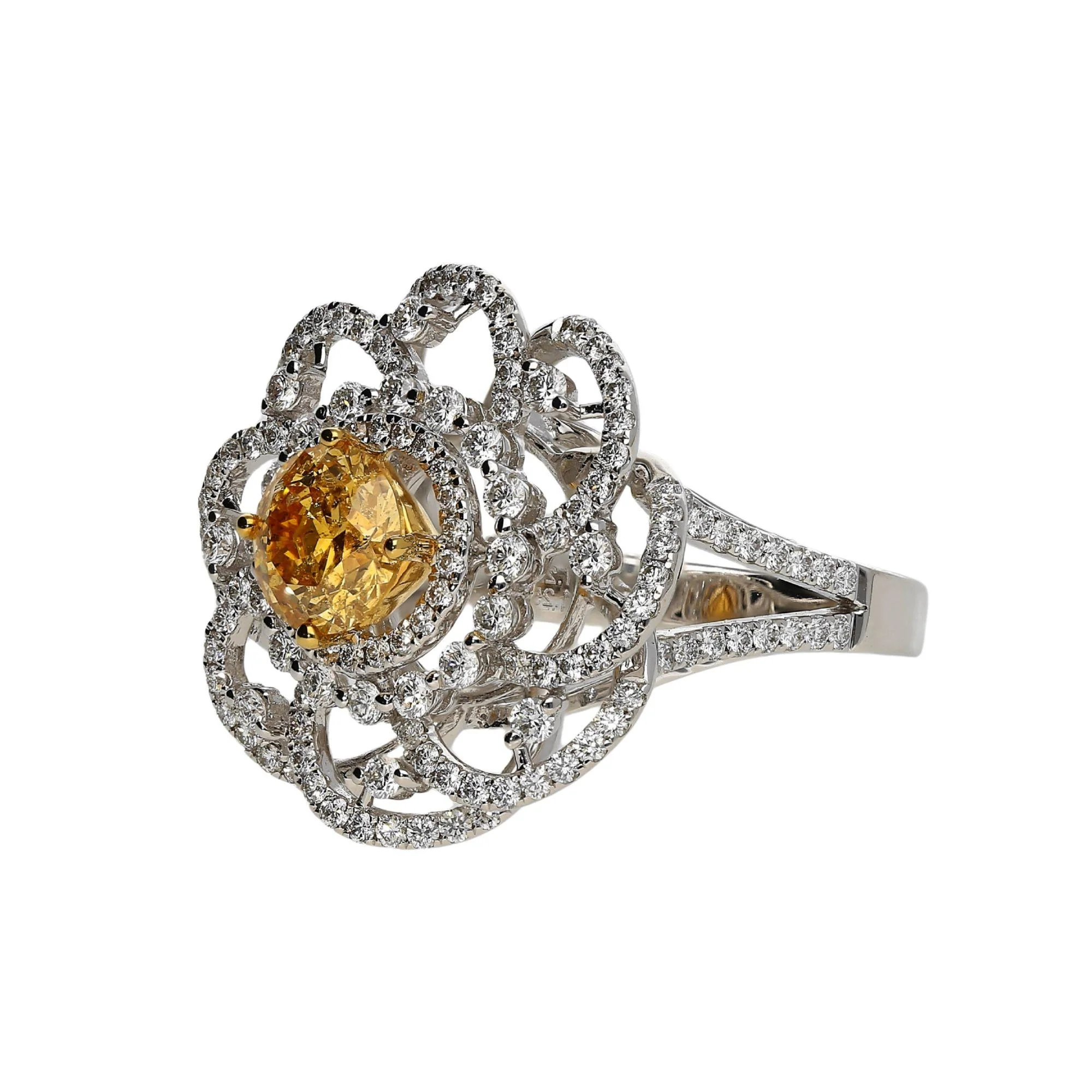 GIA Certified 1.22 Carat Fancy Intense Orange-Yellow Diamond Floral Halo Ring - Image 3