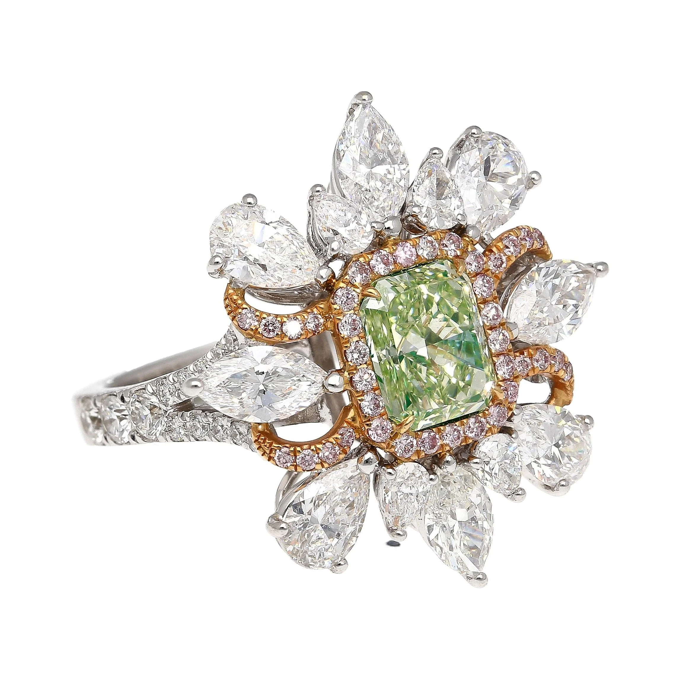 GIA Certified 1.39 Carat Radiant Cut Fancy Intense Yellowish Green Diamond Ring - Image 2