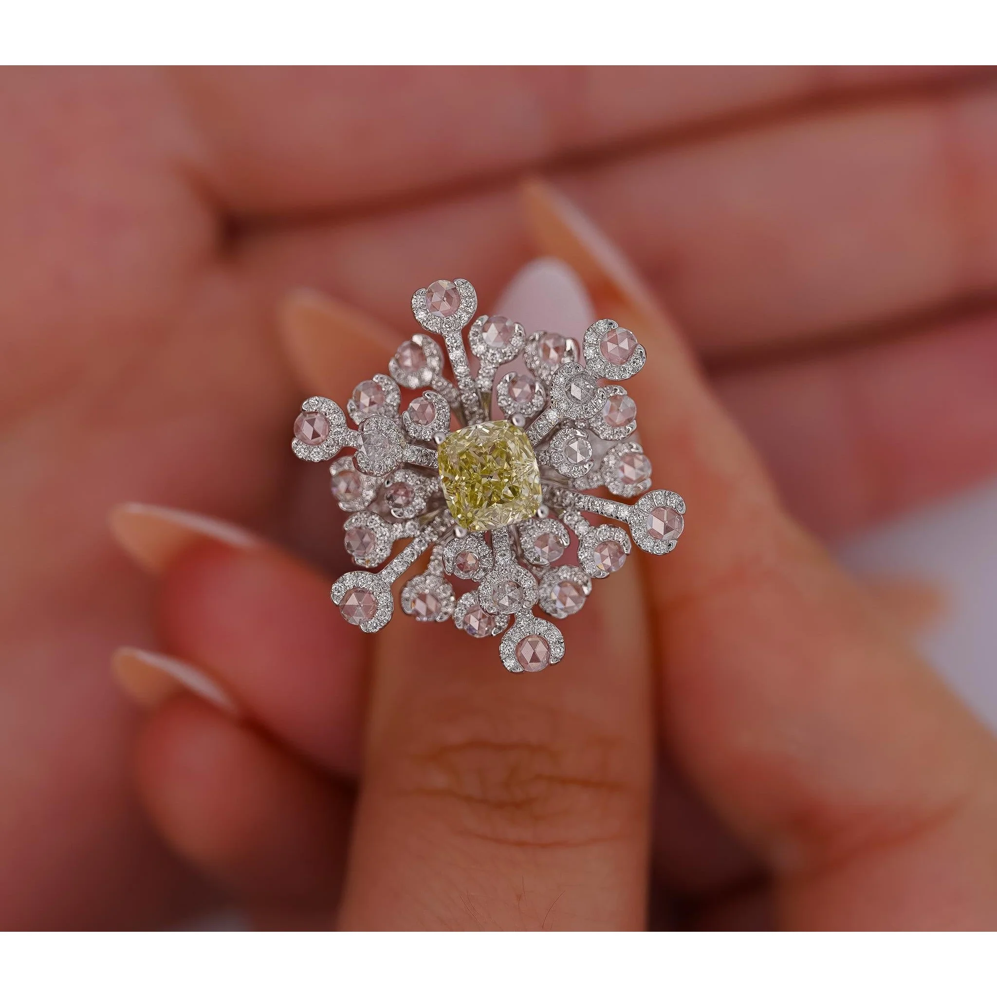 GIA Certified 1.52 Carat Fancy Greenish Yellow Diamond Briolette Snowflake Ring - Image 2