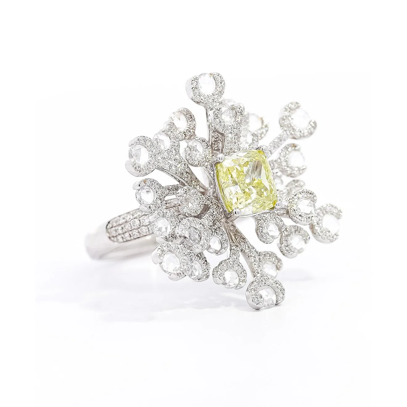 GIA Certified 1.52 Carat Fancy Greenish Yellow Diamond Briolette Snowflake Ring - Image 6