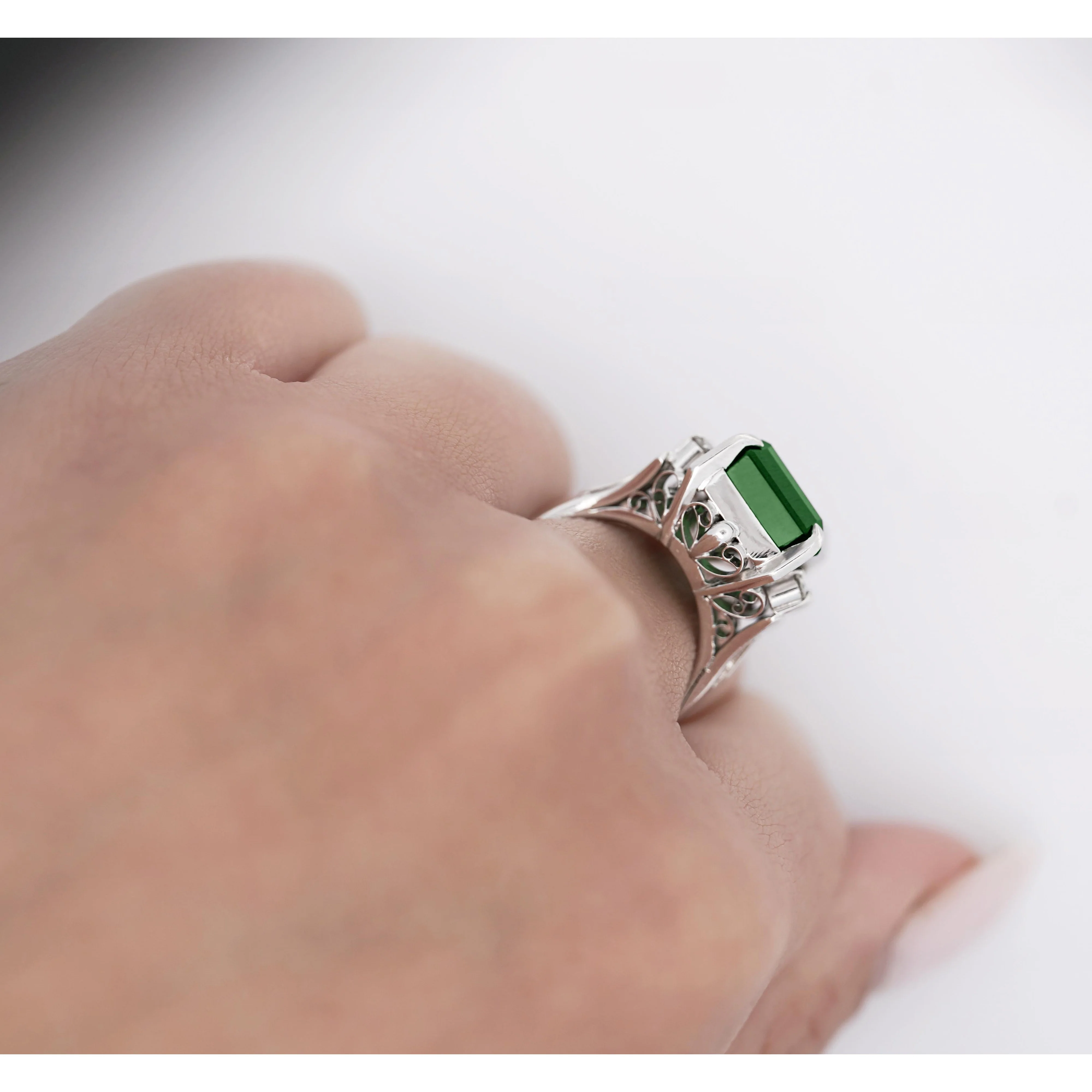 GIA Certified 11.22 Carat Green Tourmaline and Diamond Platinum Filigree Ring - Image 6