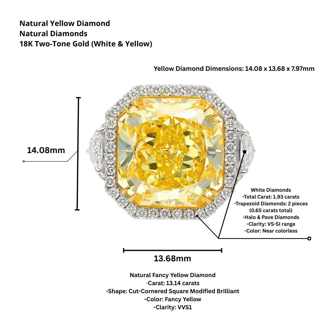 GIA Certified 13.14 Carat Fancy Intense Yellow Diamond VVS1 Halo 18K Ring - Image 8