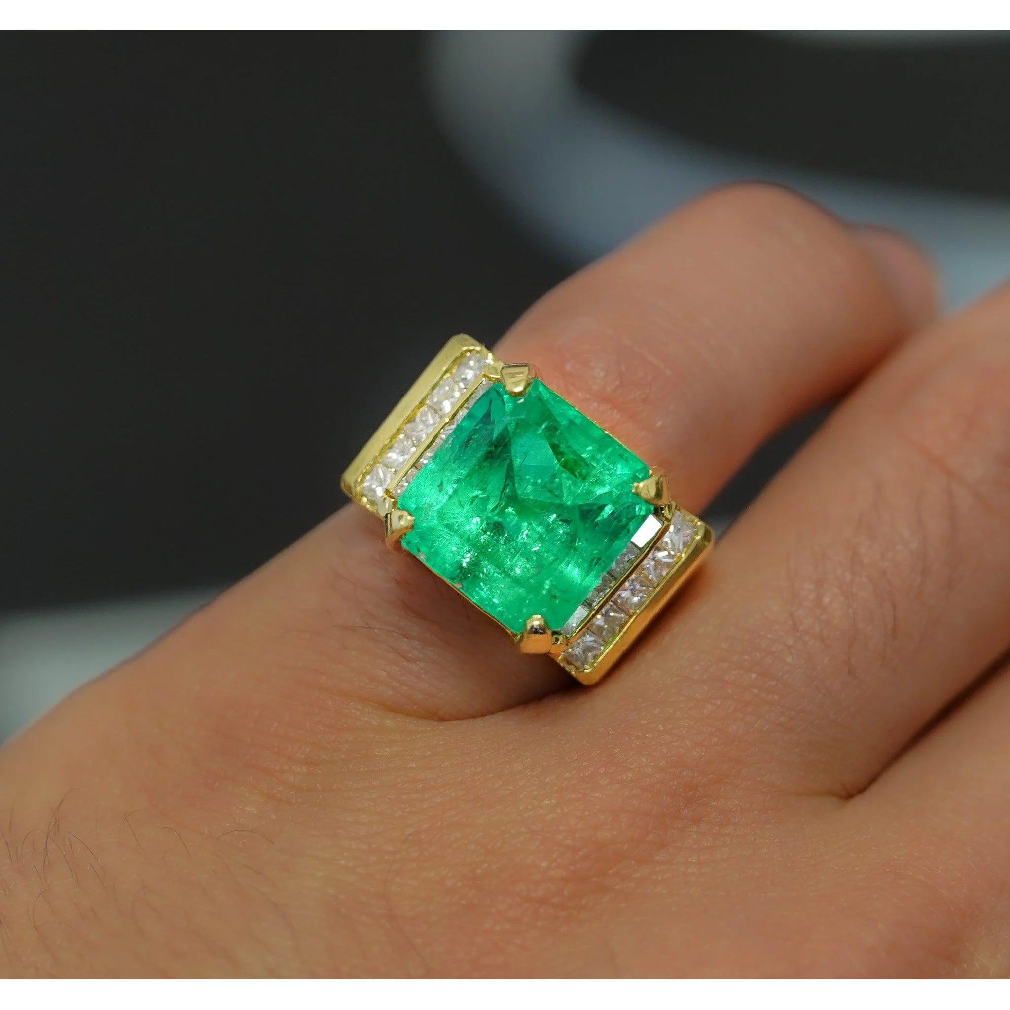 GIA Certified 13 Carat Colombian Emerald Men's Ring in 18K Gold With Princess Cut Diamonds - Image 7