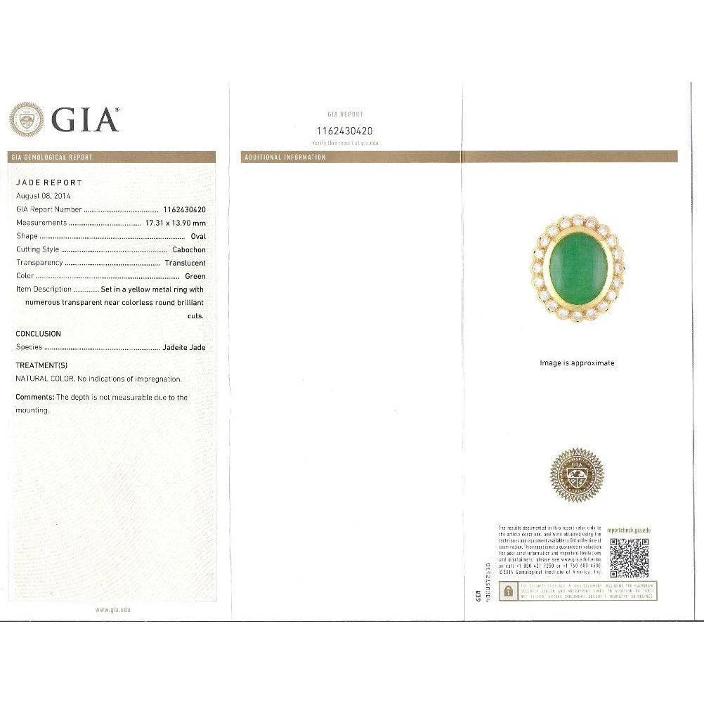 GIA Certified 14.68 Carat Grade A Jadeite Jade Ring with Diamond in 18K Gold - Image 12