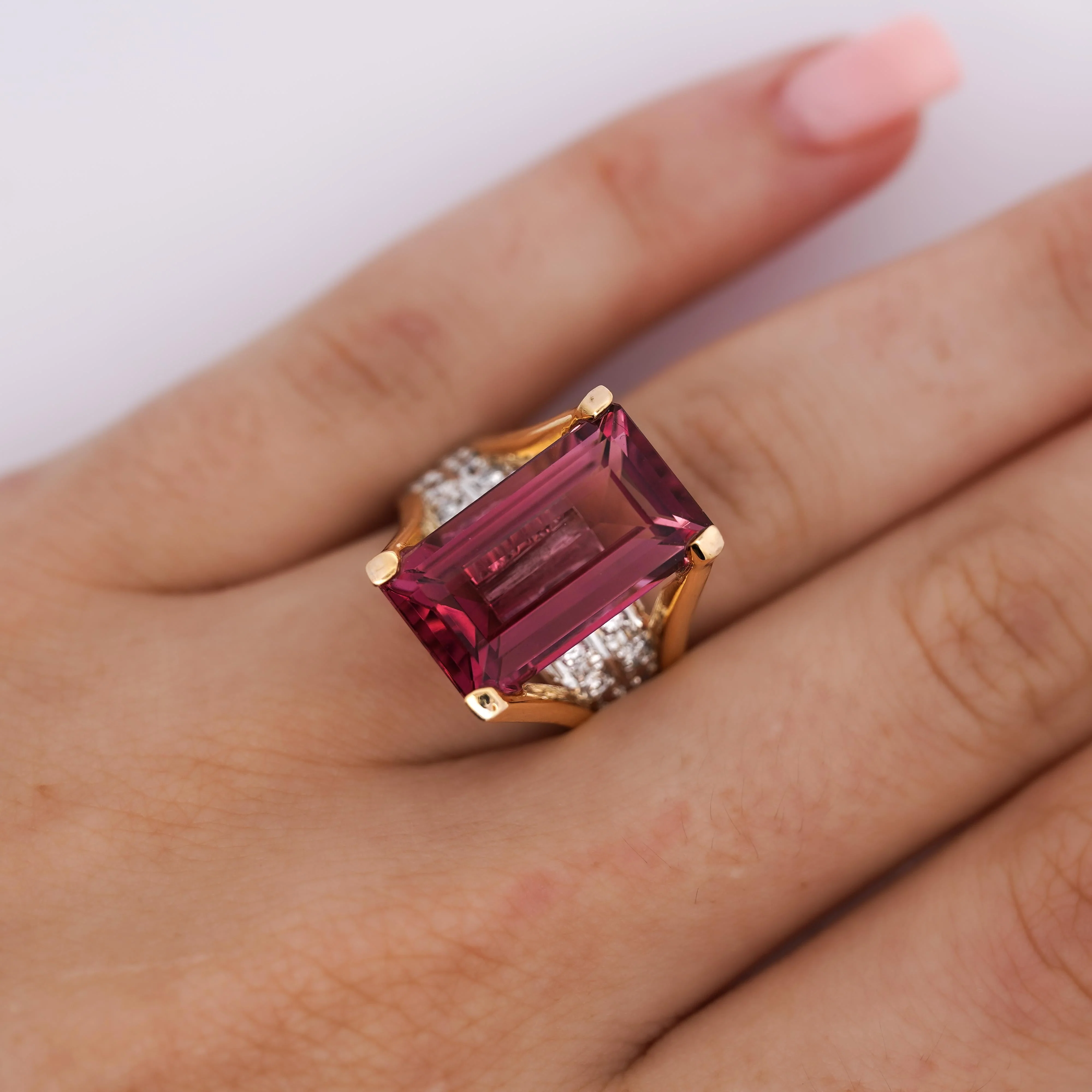 GIA Certified 15.07 Carat Emerald Cut Pink Tourmaline and Diamond Ring - Image 5
