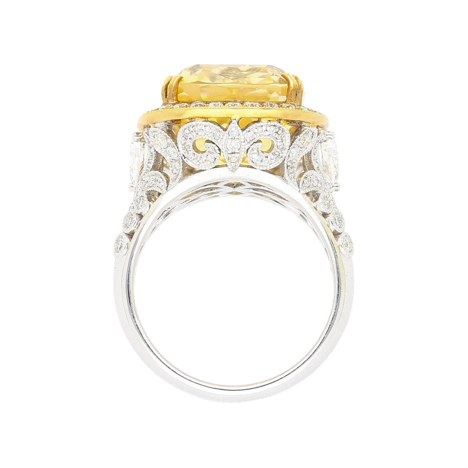 GIA Certified Vintage No Heat 17 Carat Cushion Yellow Sapphire & Diamond Halo Floral Filigree Cocktail Ring - Image 5