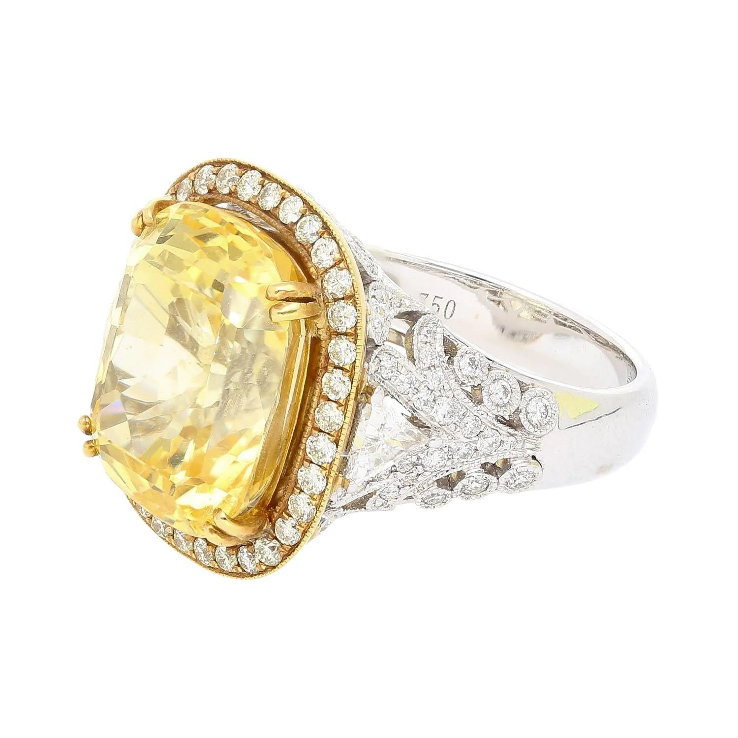 GIA Certified Vintage No Heat 17 Carat Cushion Yellow Sapphire & Diamond Halo Floral Filigree Cocktail Ring - Image 6