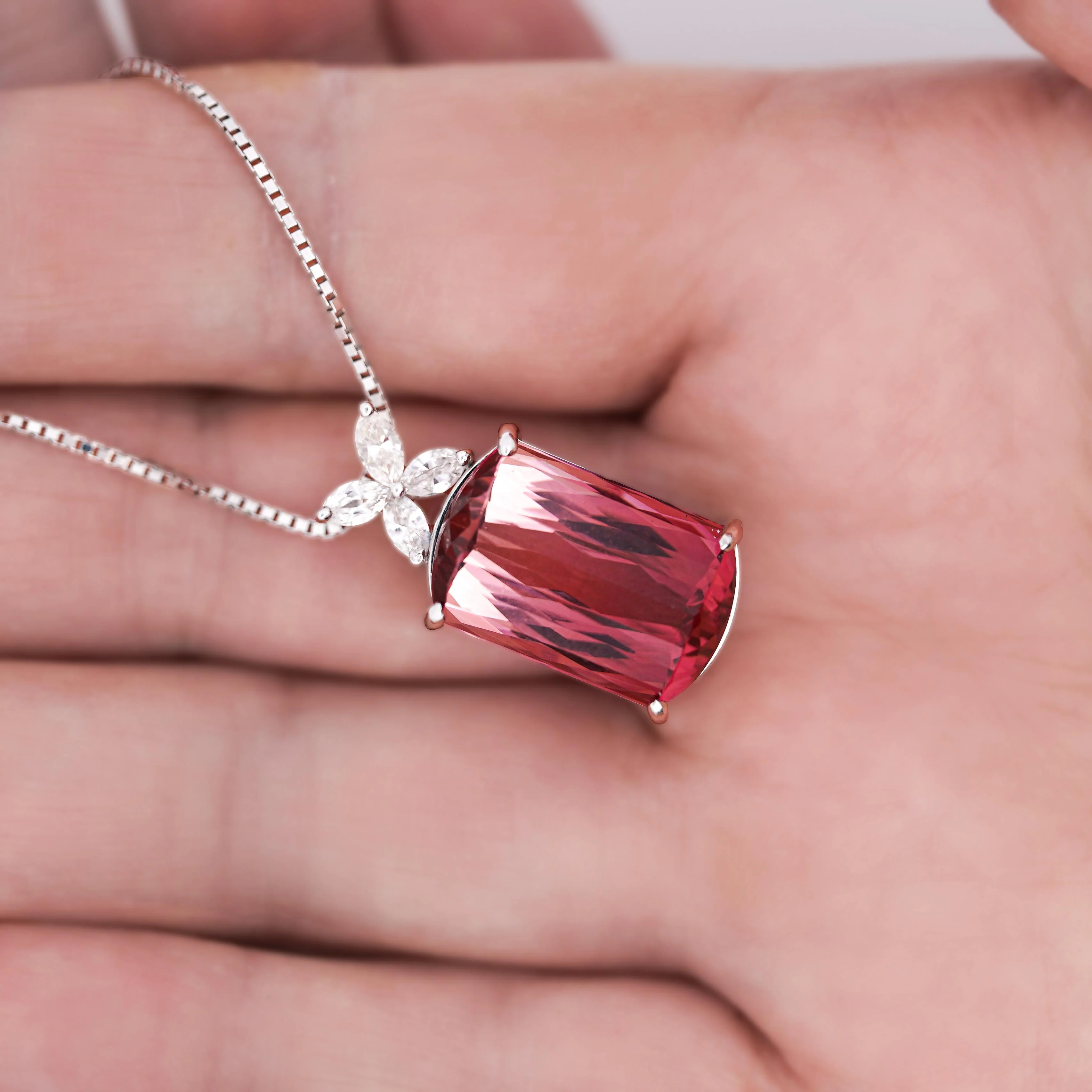 GIA Certified 18.61 Carat Pink Tourmaline & Floral Diamond Pendant Necklace - Image 2