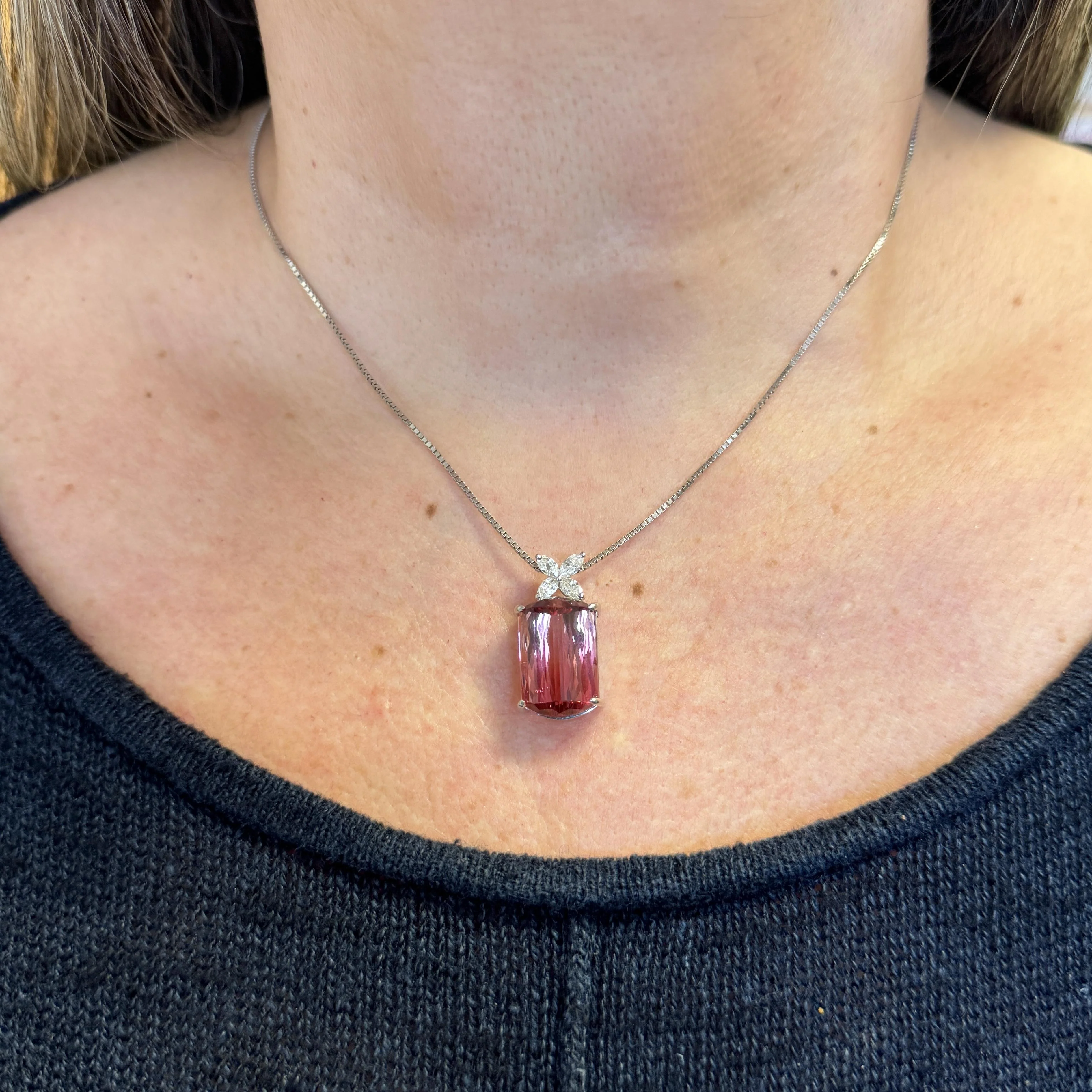 GIA Certified 18.61 Carat Pink Tourmaline & Floral Diamond Pendant Necklace - Image 4