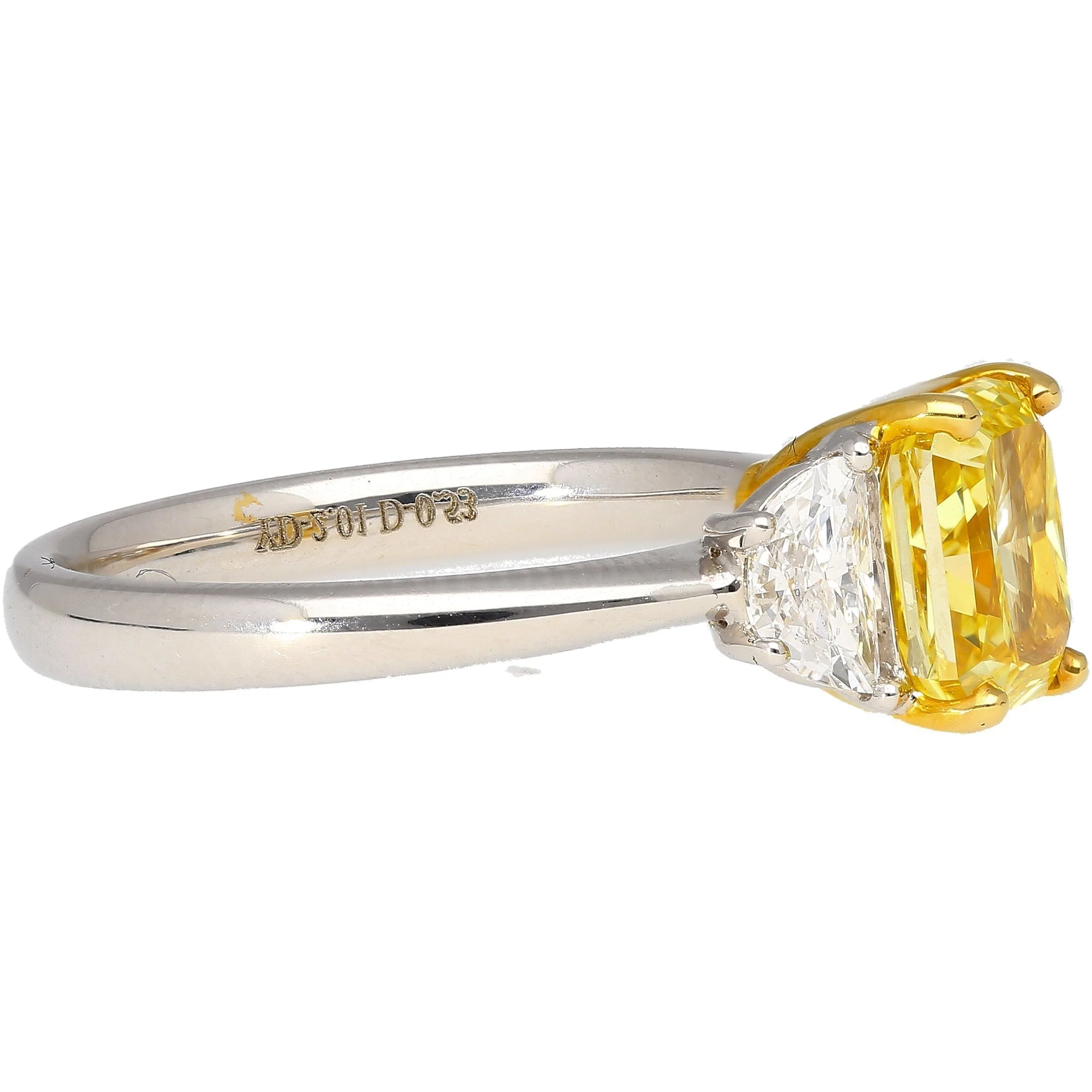 GIA Certified 2 Carat Fancy Vivid Yellow Radiant Cut Diamond 3-Stone Ring With Half Moon Diamond Side Stones - Image 2