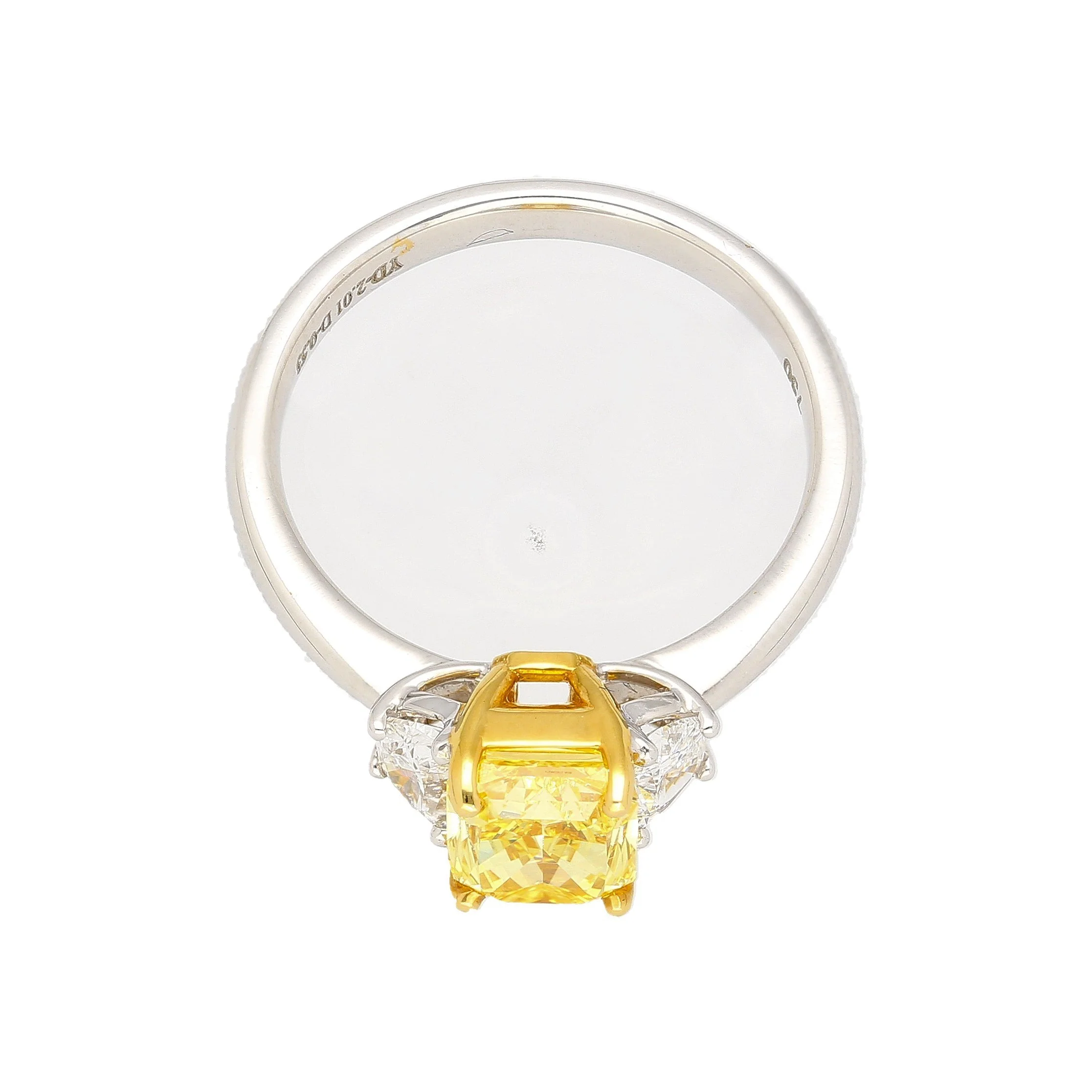 GIA Certified 2 Carat Fancy Vivid Yellow Radiant Cut Diamond 3-Stone Ring With Half Moon Diamond Side Stones - Image 5