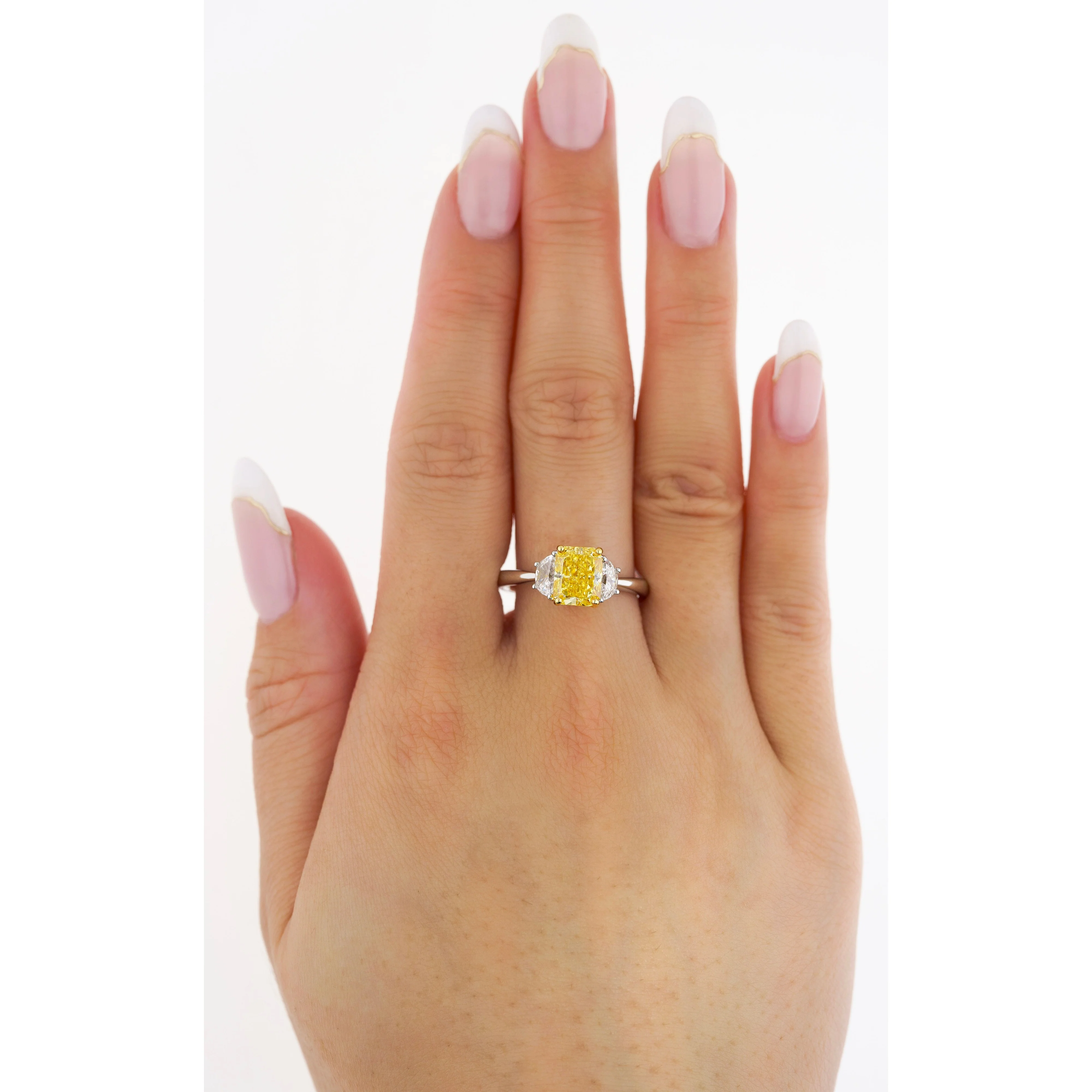 GIA Certified 2 Carat Fancy Vivid Yellow Radiant Cut Diamond 3-Stone Ring With Half Moon Diamond Side Stones - Image 6