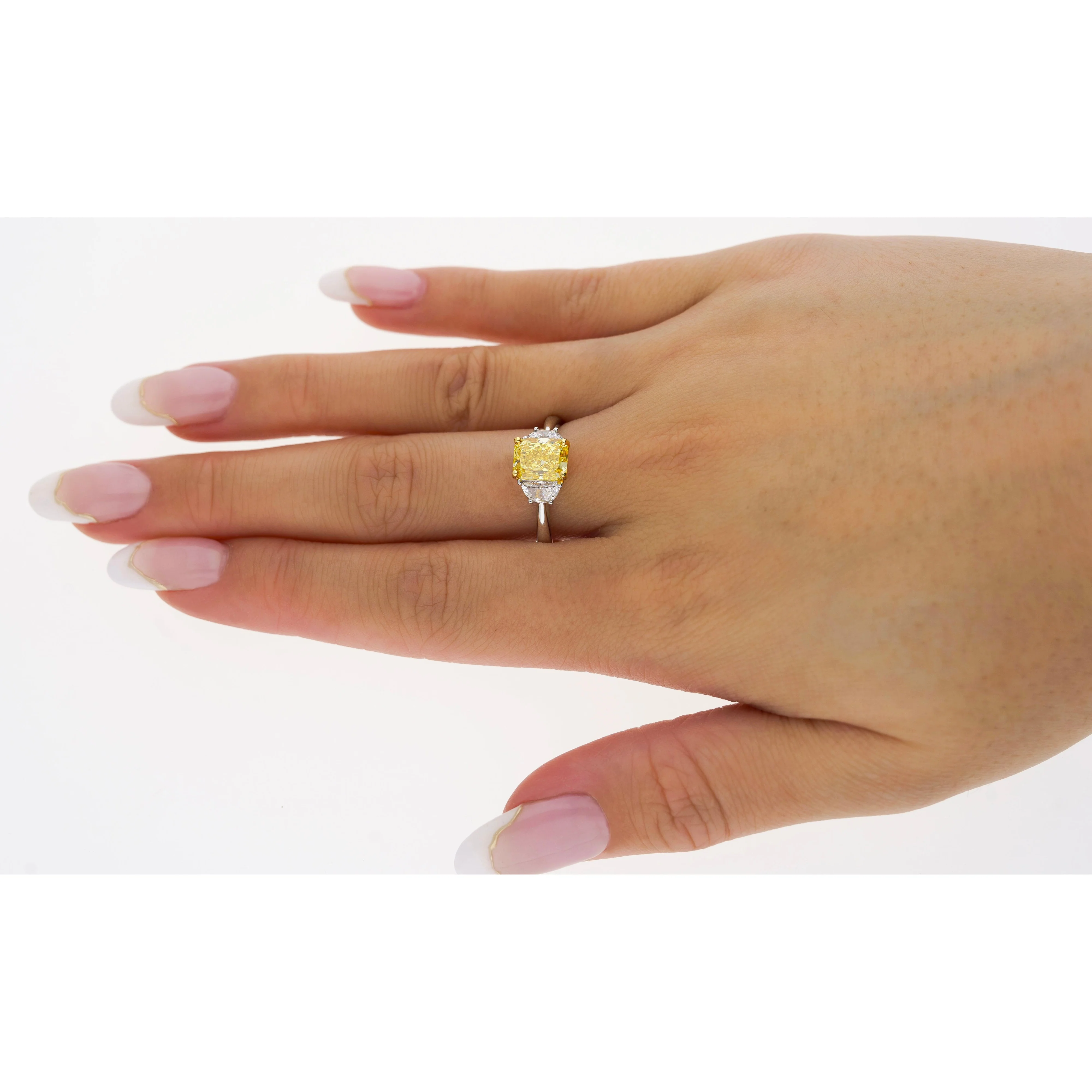 GIA Certified 2 Carat Fancy Vivid Yellow Radiant Cut Diamond 3-Stone Ring With Half Moon Diamond Side Stones - Image 7