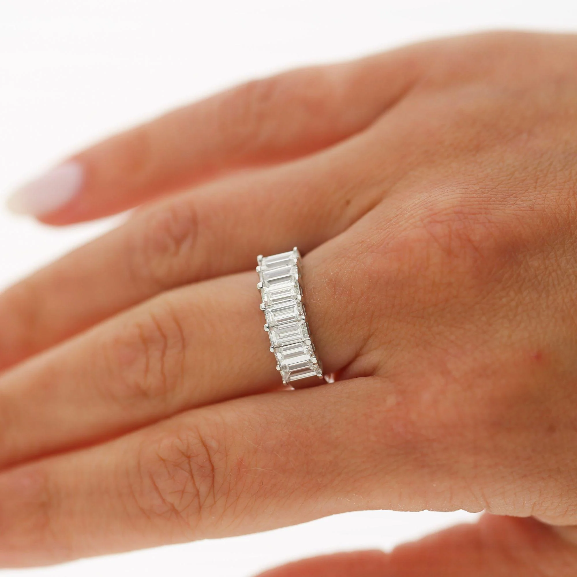 GIA Certified 2.19 Carat Emerald Cut Diamond Channel 18K White Gold Wedding Band - Image 8