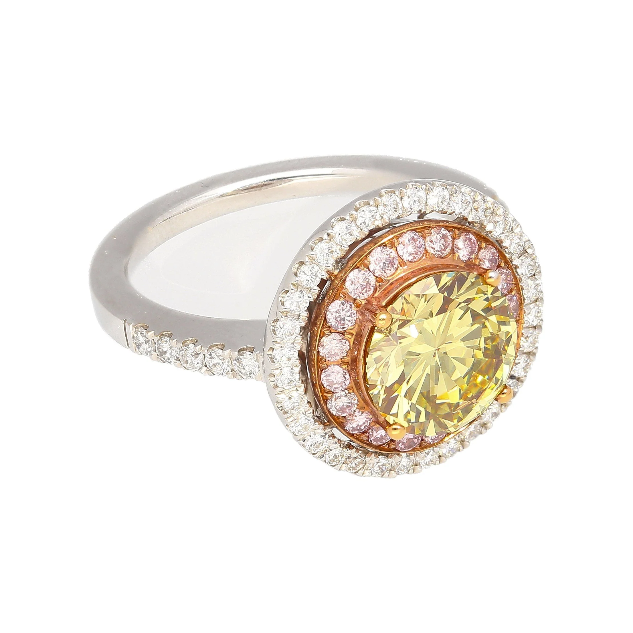 GIA Certified 2.30 Carat Fancy Brownish Greenish Yellow Diamond Round Double Halo Ring - Image 4
