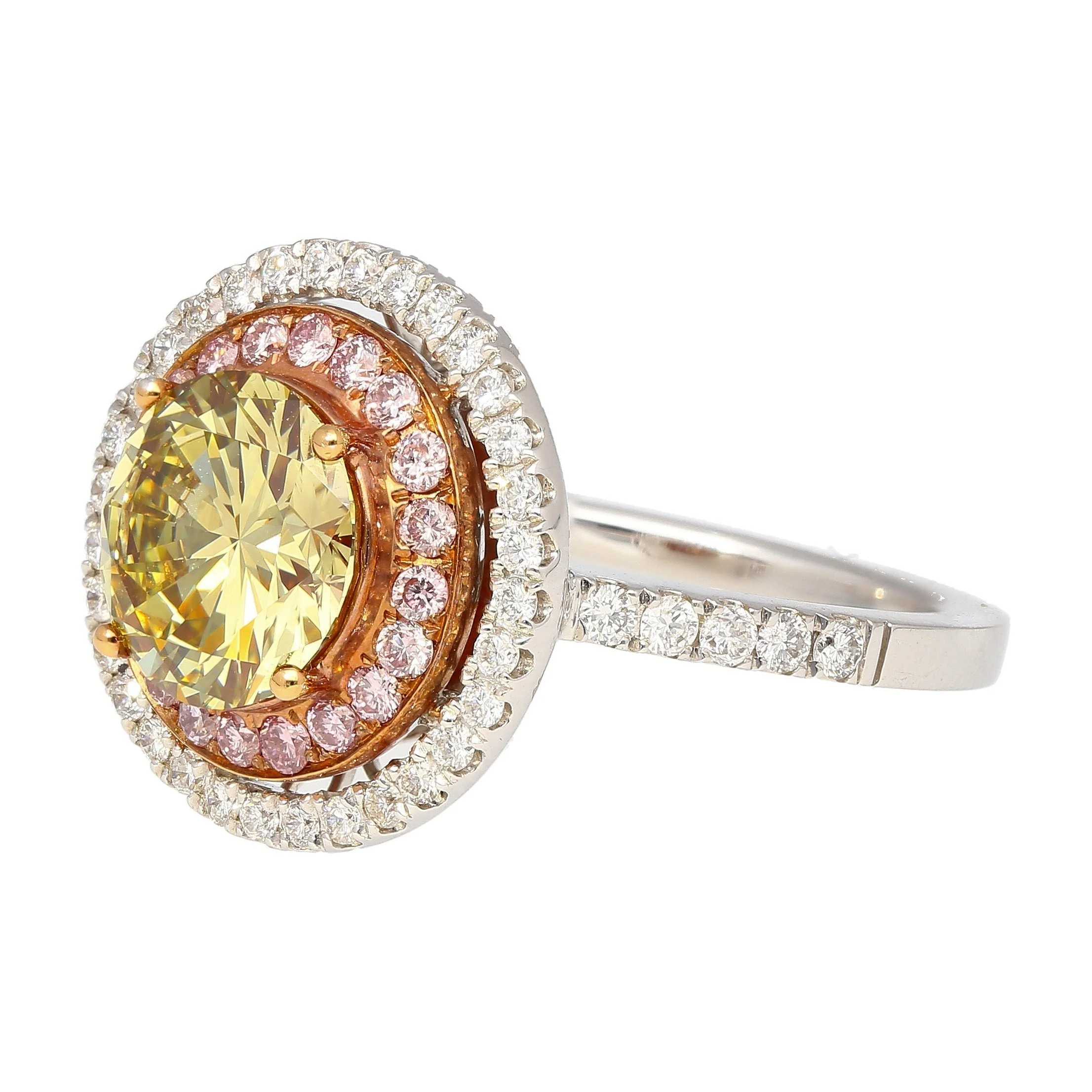 GIA Certified 2.30 Carat Fancy Brownish Greenish Yellow Diamond Round Double Halo Ring - Image 5