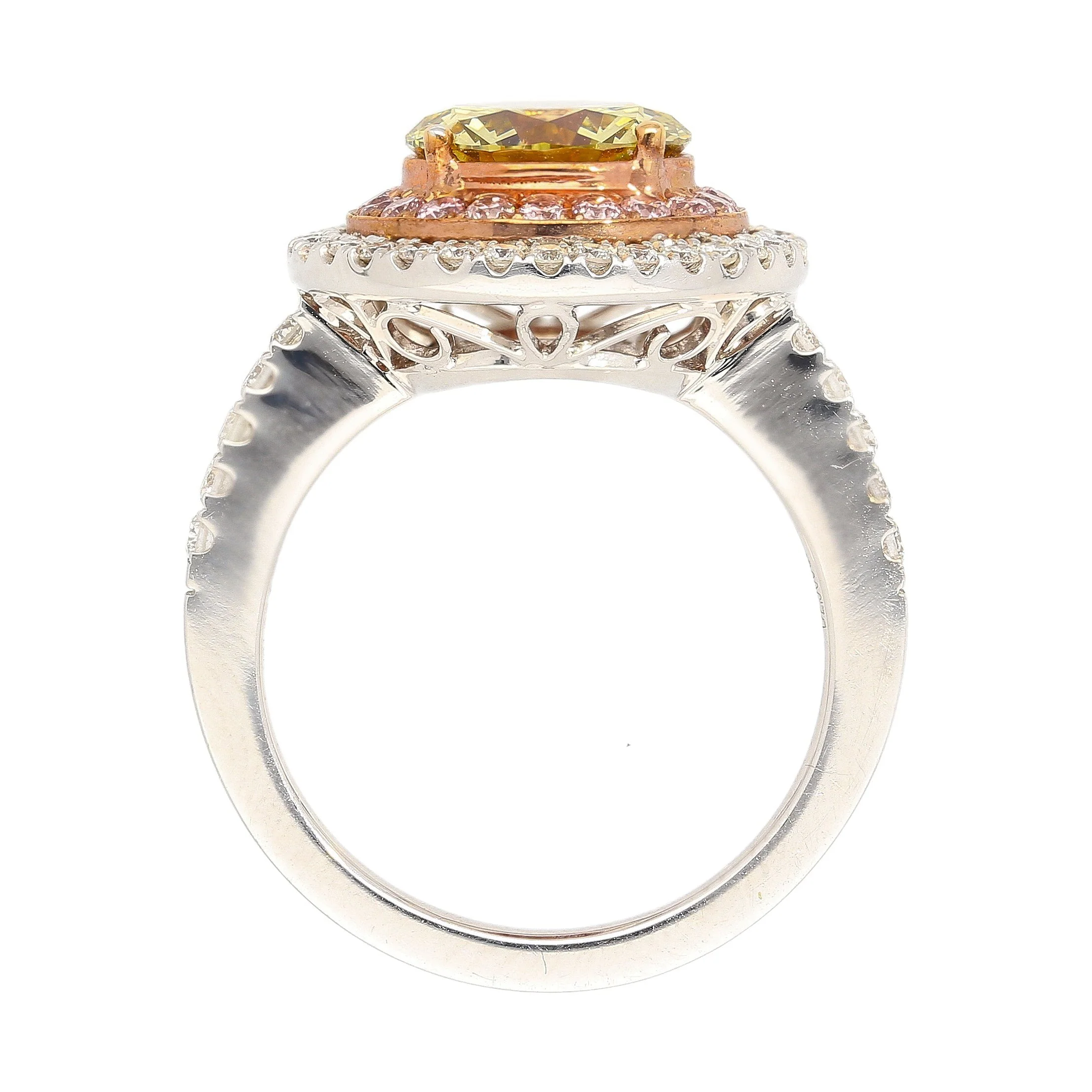 GIA Certified 2.30 Carat Fancy Brownish Greenish Yellow Diamond Round Double Halo Ring - Image 7