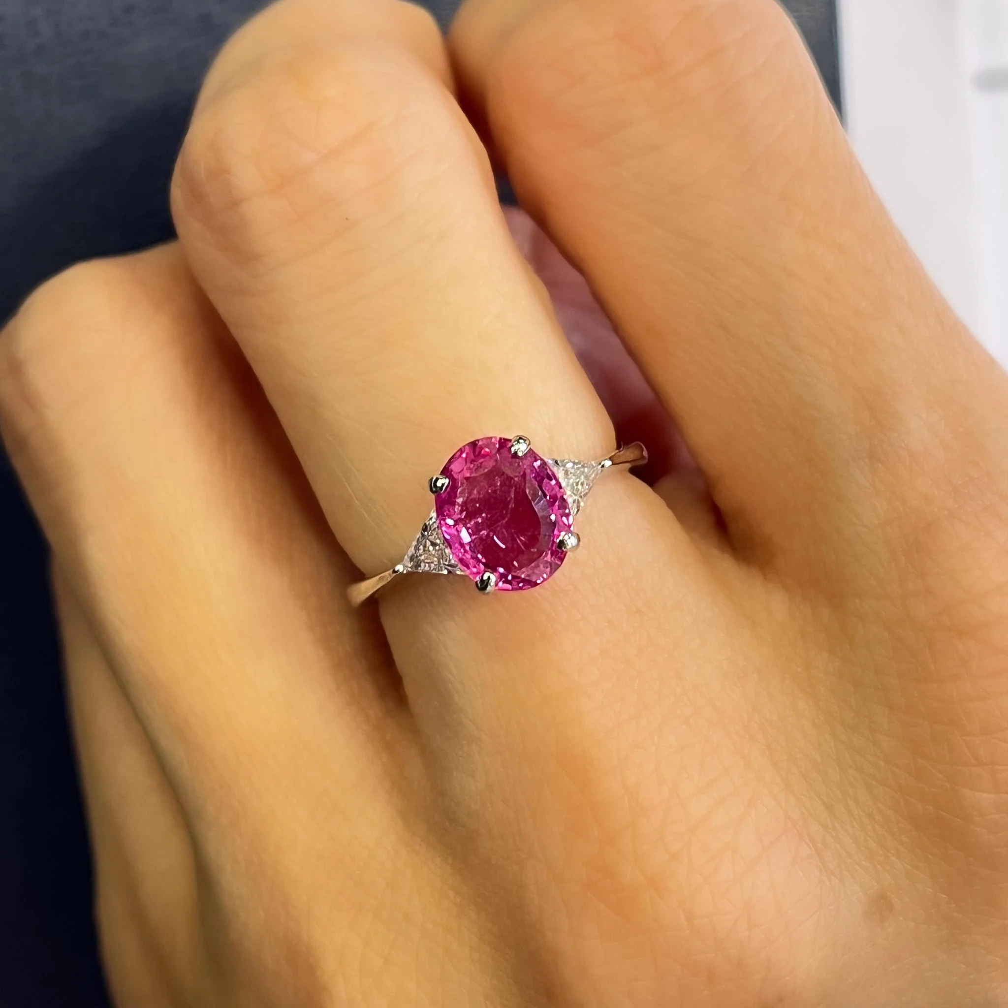 GIA Certified 2.31 Carat Pink Sapphire Oval & Diamond 3-Stone Ring - Image 2