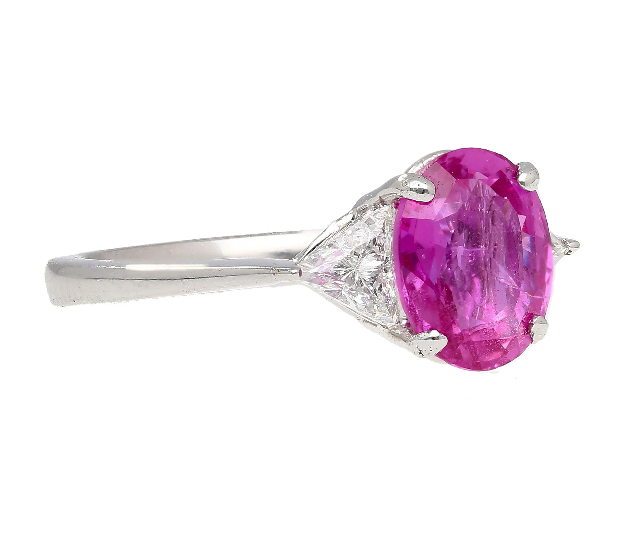 GIA Certified 2.31 Carat Pink Sapphire Oval & Diamond 3-Stone Ring - Image 3