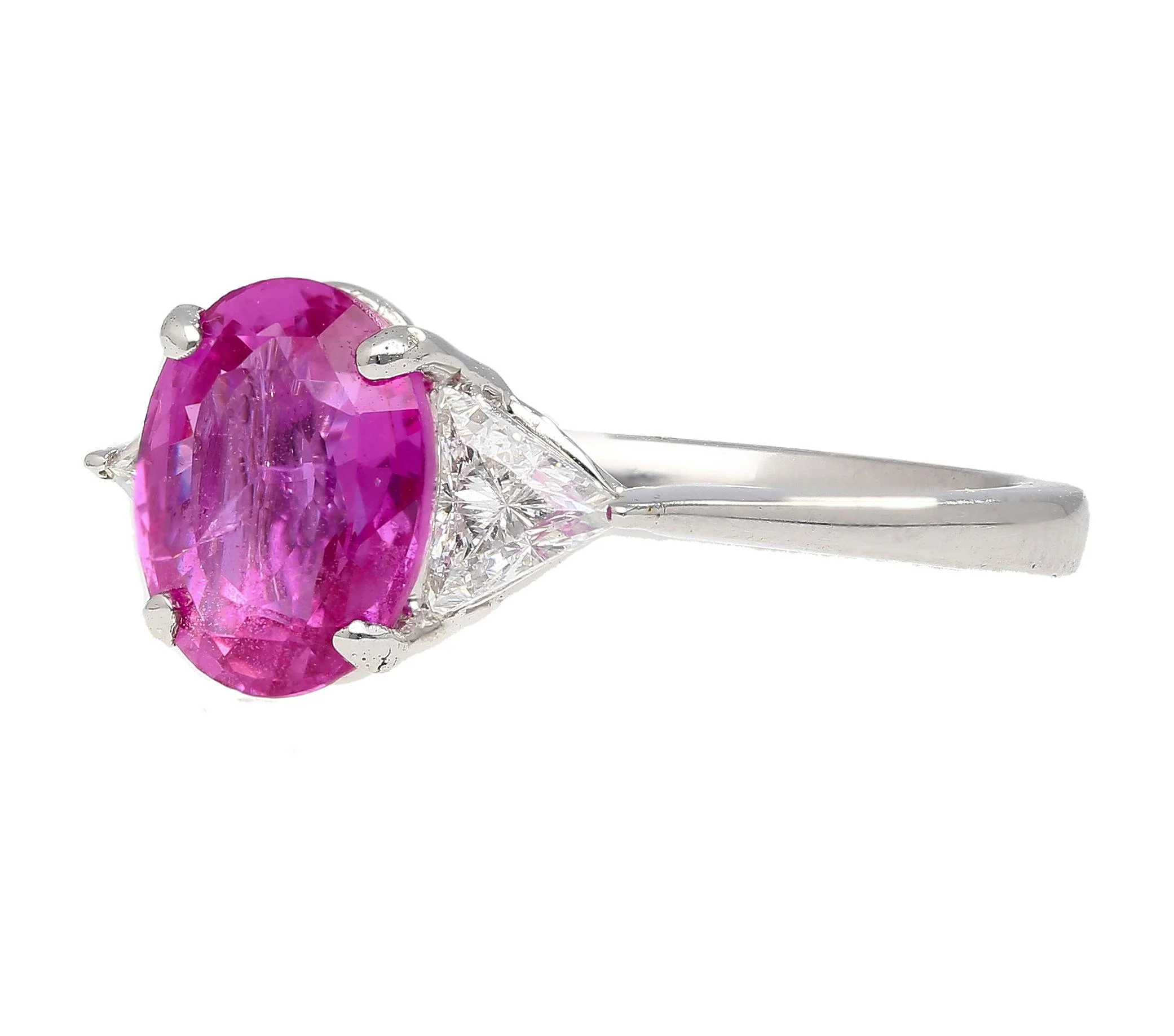 GIA Certified 2.31 Carat Pink Sapphire Oval & Diamond 3-Stone Ring - Image 4
