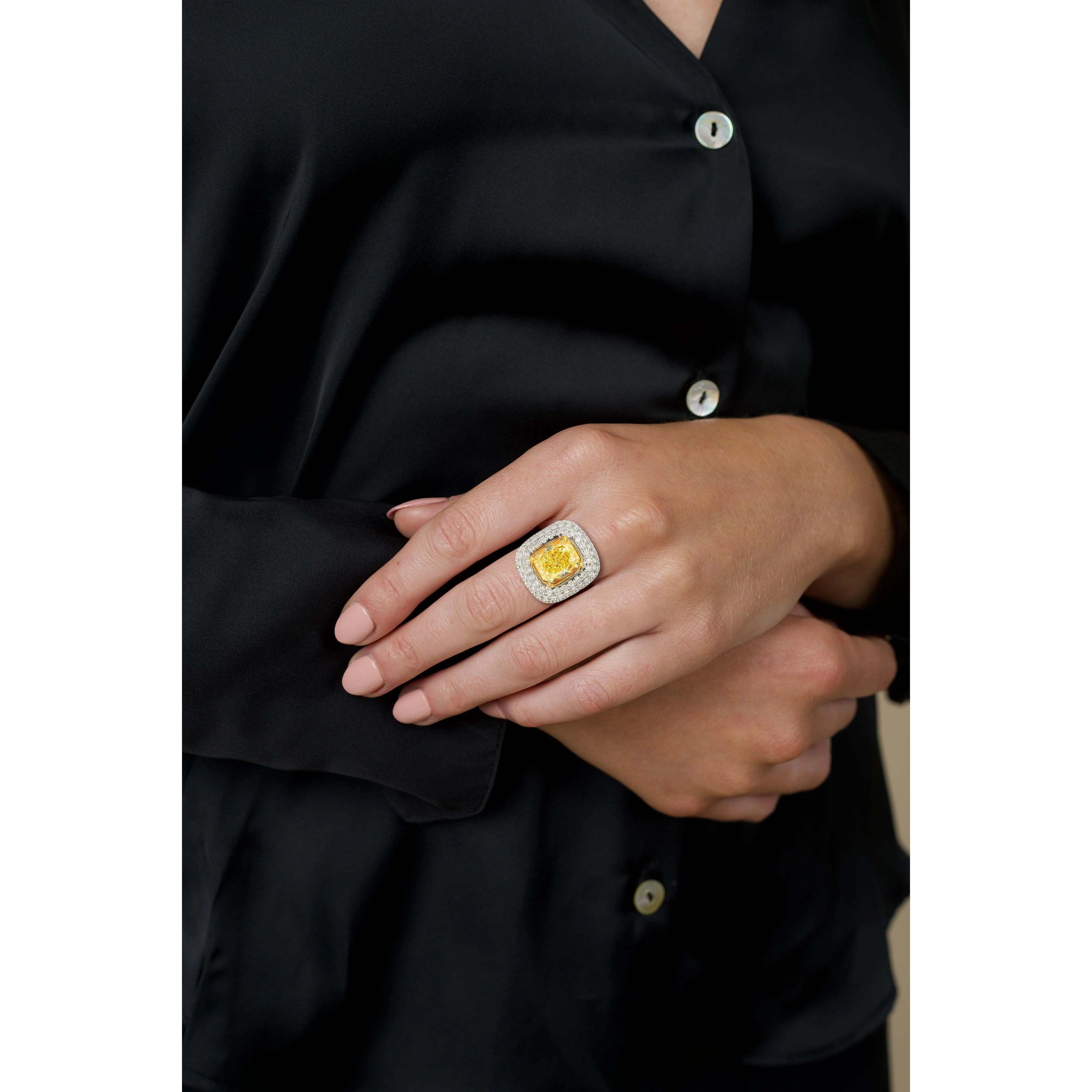 GIA Certified 2.35 Fancy Yellow Diamond Ring With 1.0 CTW Diamond Cluster in 18K White Gold - Image 8