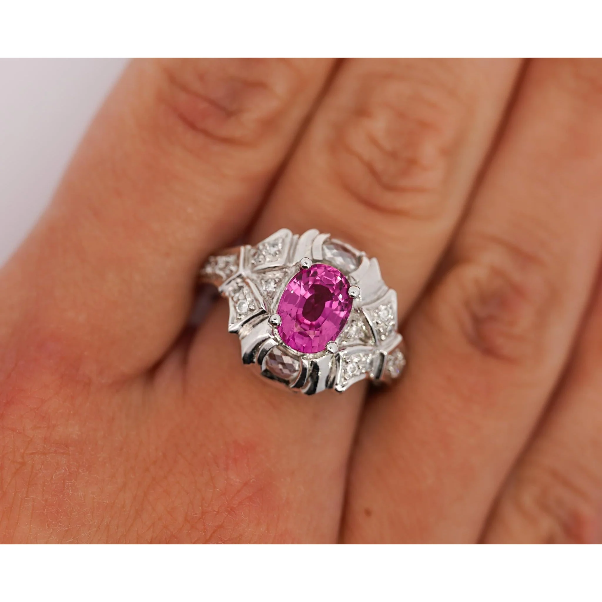 GIA Certified 2.4 Carat No Heat Pink Sapphire & Briolette Diamond Platinum Ring - Image 4
