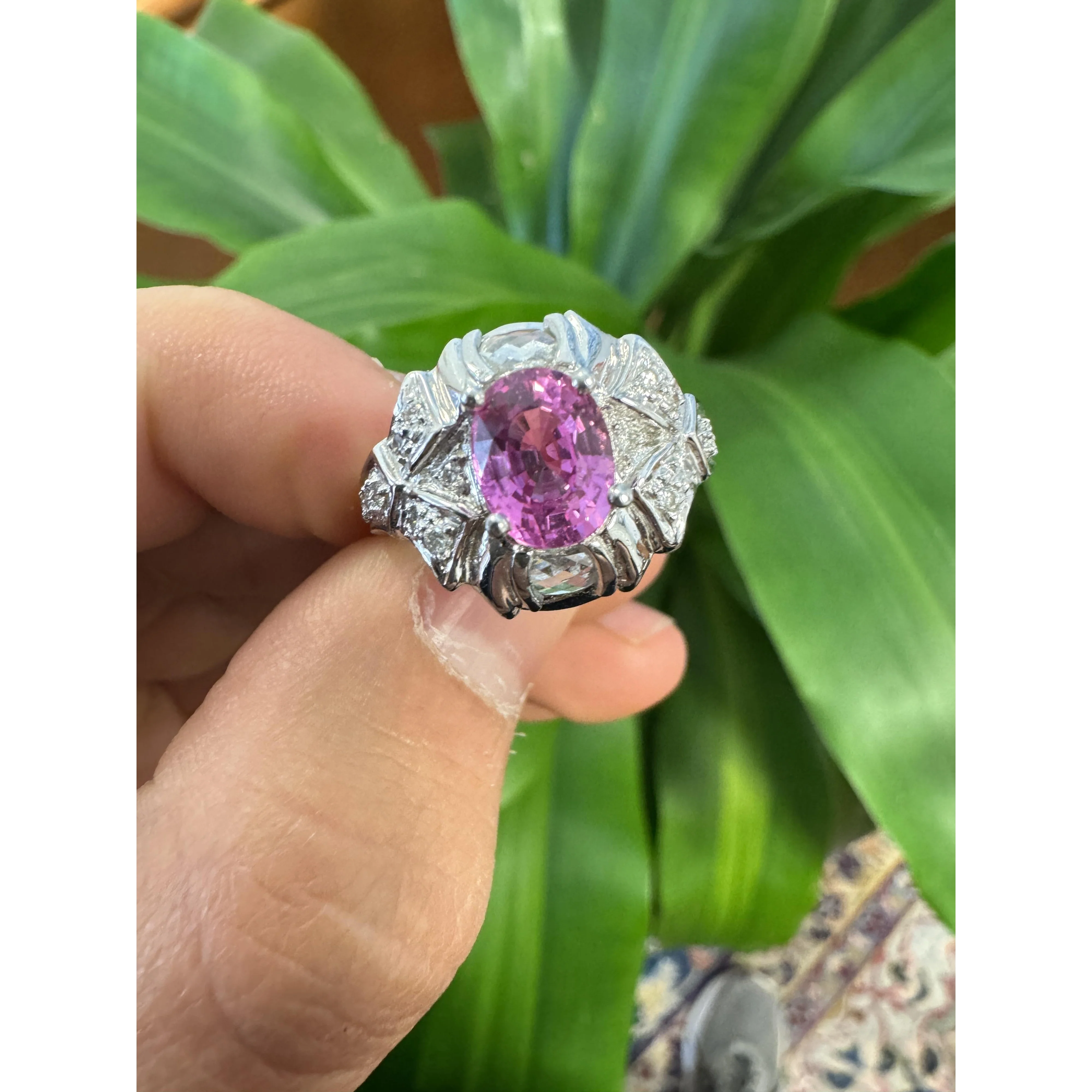GIA Certified 2.4 Carat No Heat Pink Sapphire & Briolette Diamond Platinum Ring - Image 5