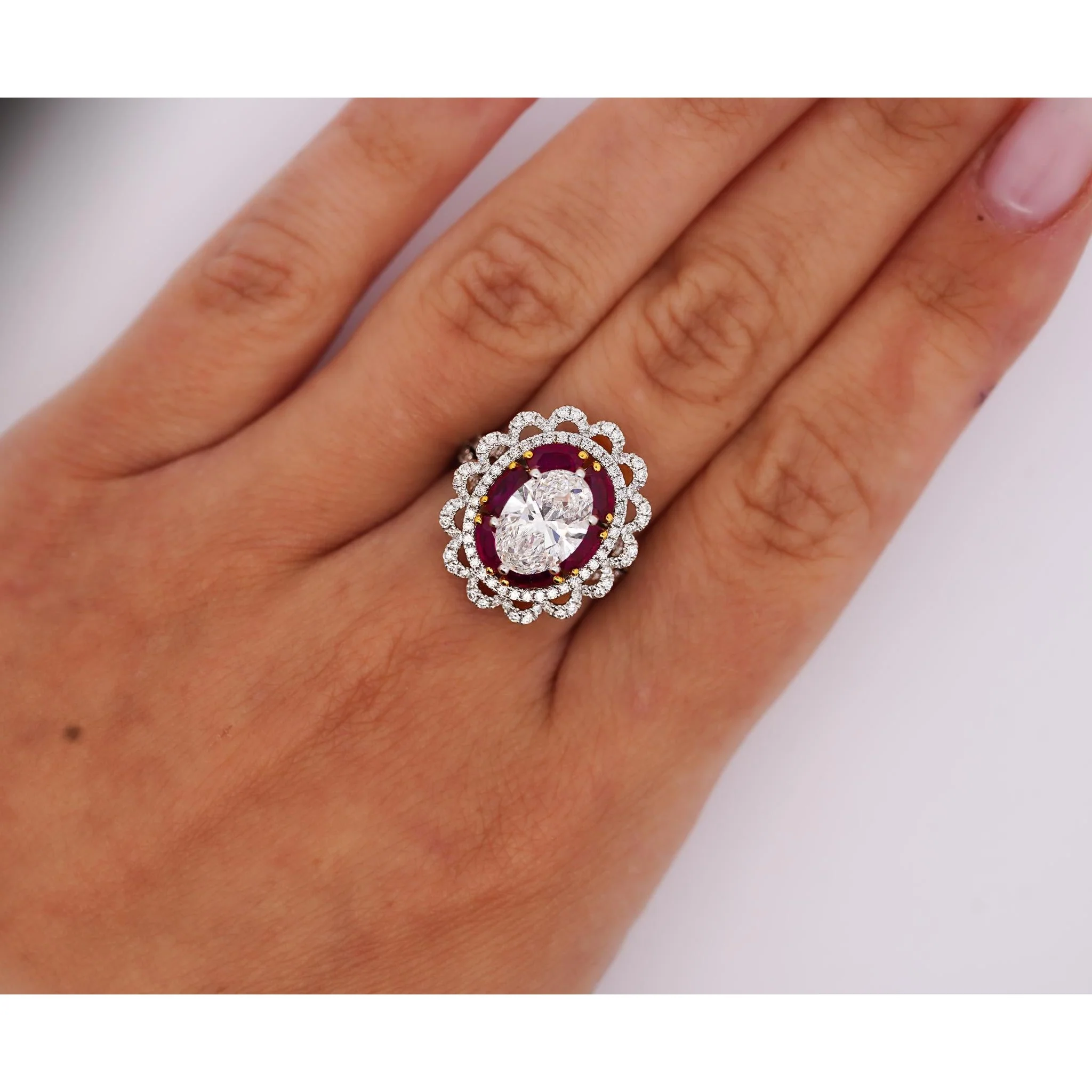 GIA Certified 2.8 Carat Oval Lab Diamond & Ruby Halo Floral 18K Ring - Image 6
