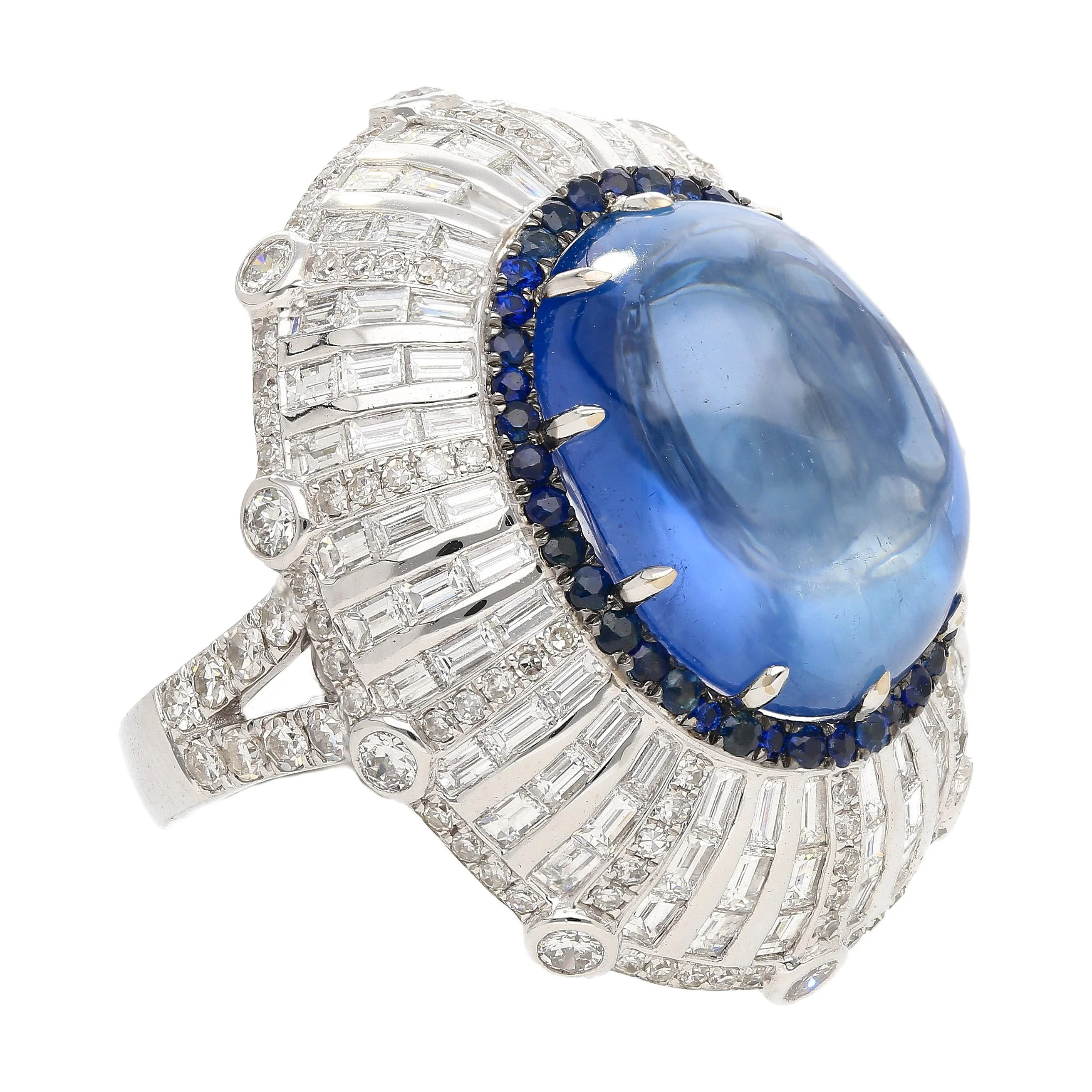 GIA Certified 26 Carat Sapphire Cabochon & Diamond Art Deco Dome 18K Ring - Image 5