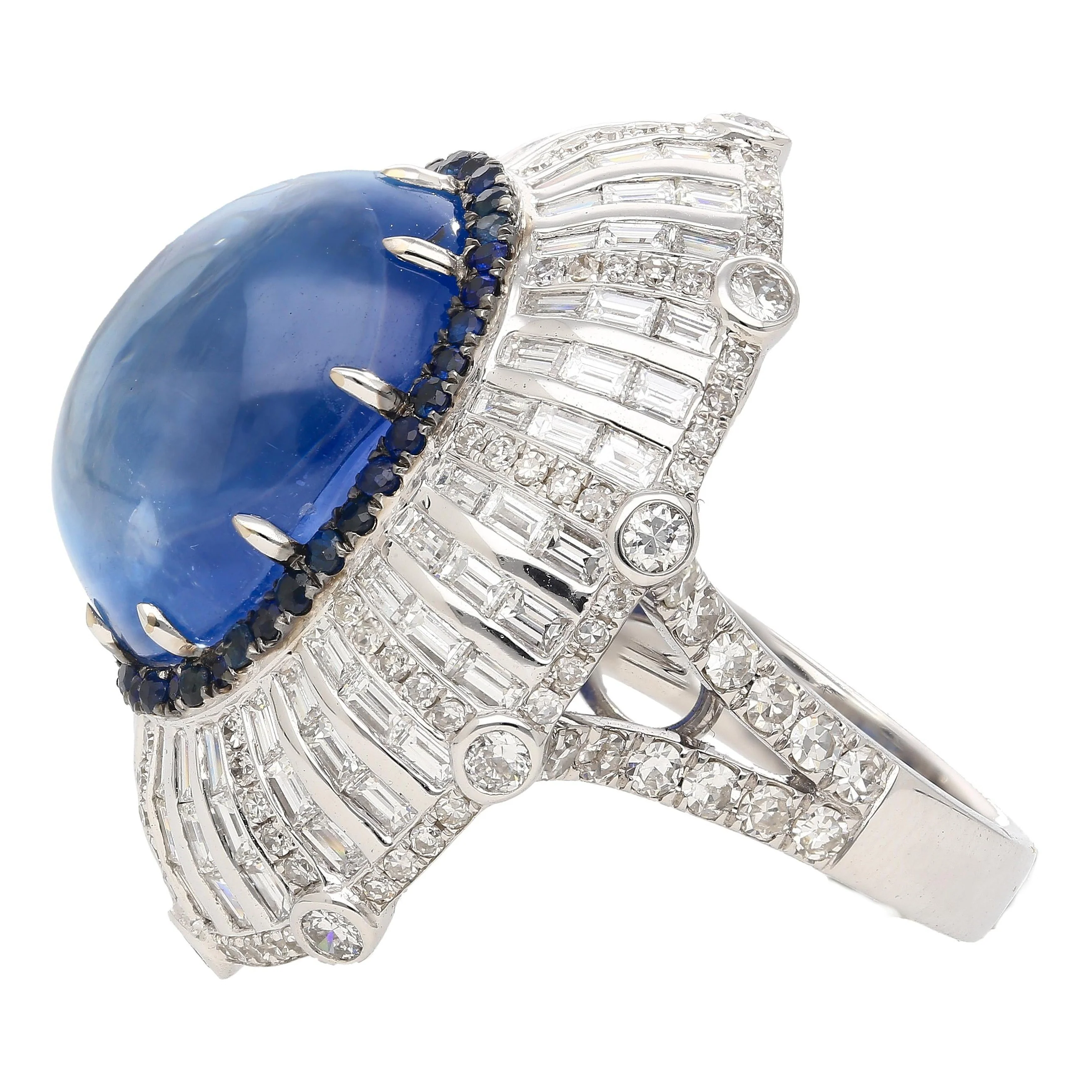 GIA Certified 26 Carat Sapphire Cabochon & Diamond Art Deco Dome 18K Ring - Image 6