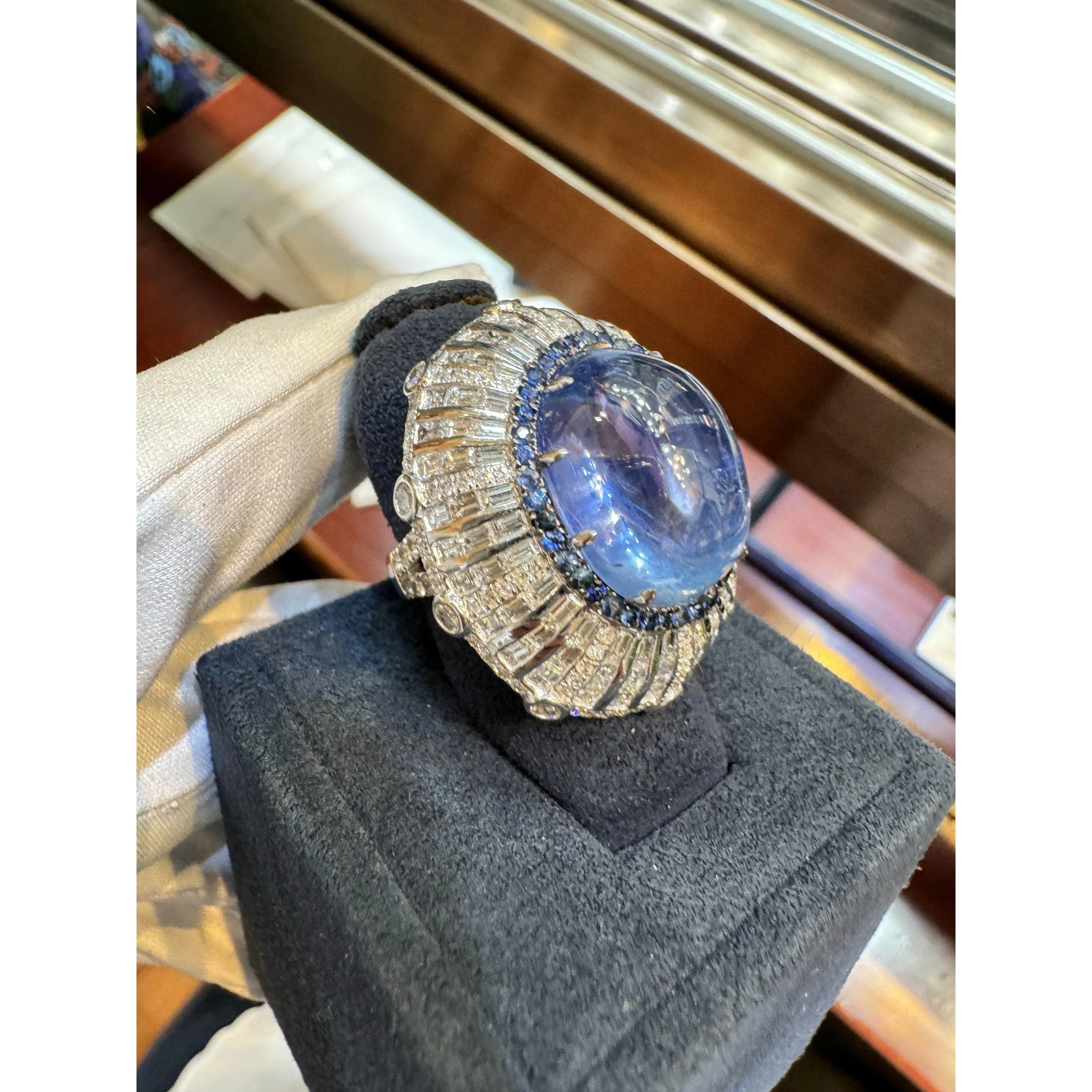 GIA Certified 26 Carat Sapphire Cabochon & Diamond Art Deco Dome 18K Ring - Image 8