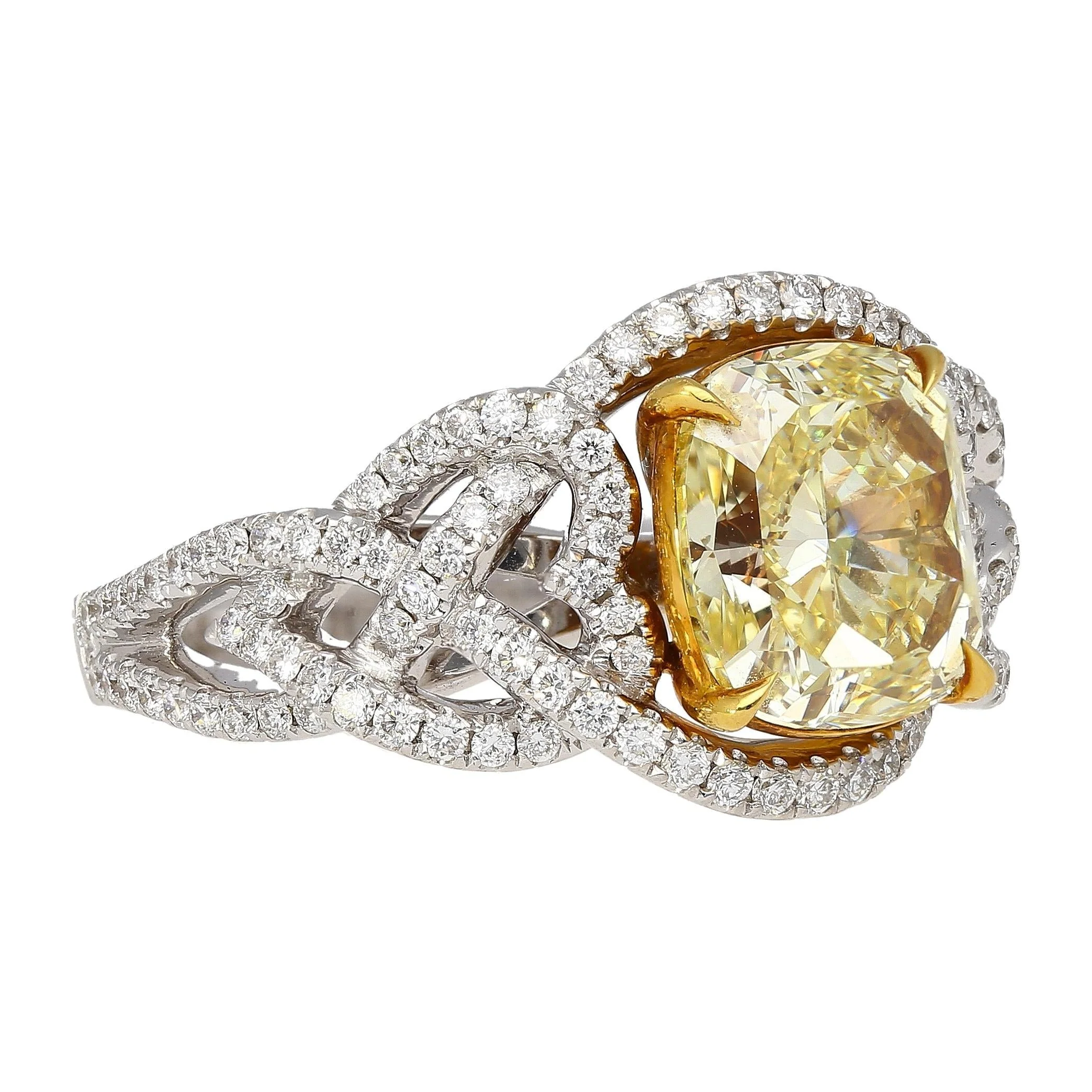 GIA Certified 3.25 Carat Yellow Diamond Interlocking Heart Shank Engagement Ring - Image 2