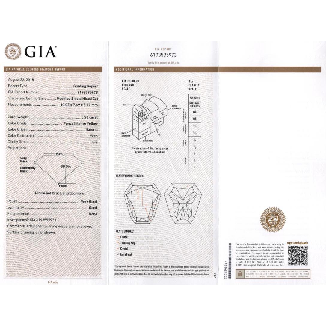 GIA Certified 3.28 Carat Fancy Intense Yellow Shield Kite Cut Natural Diamond Pendant Necklace - Image 9