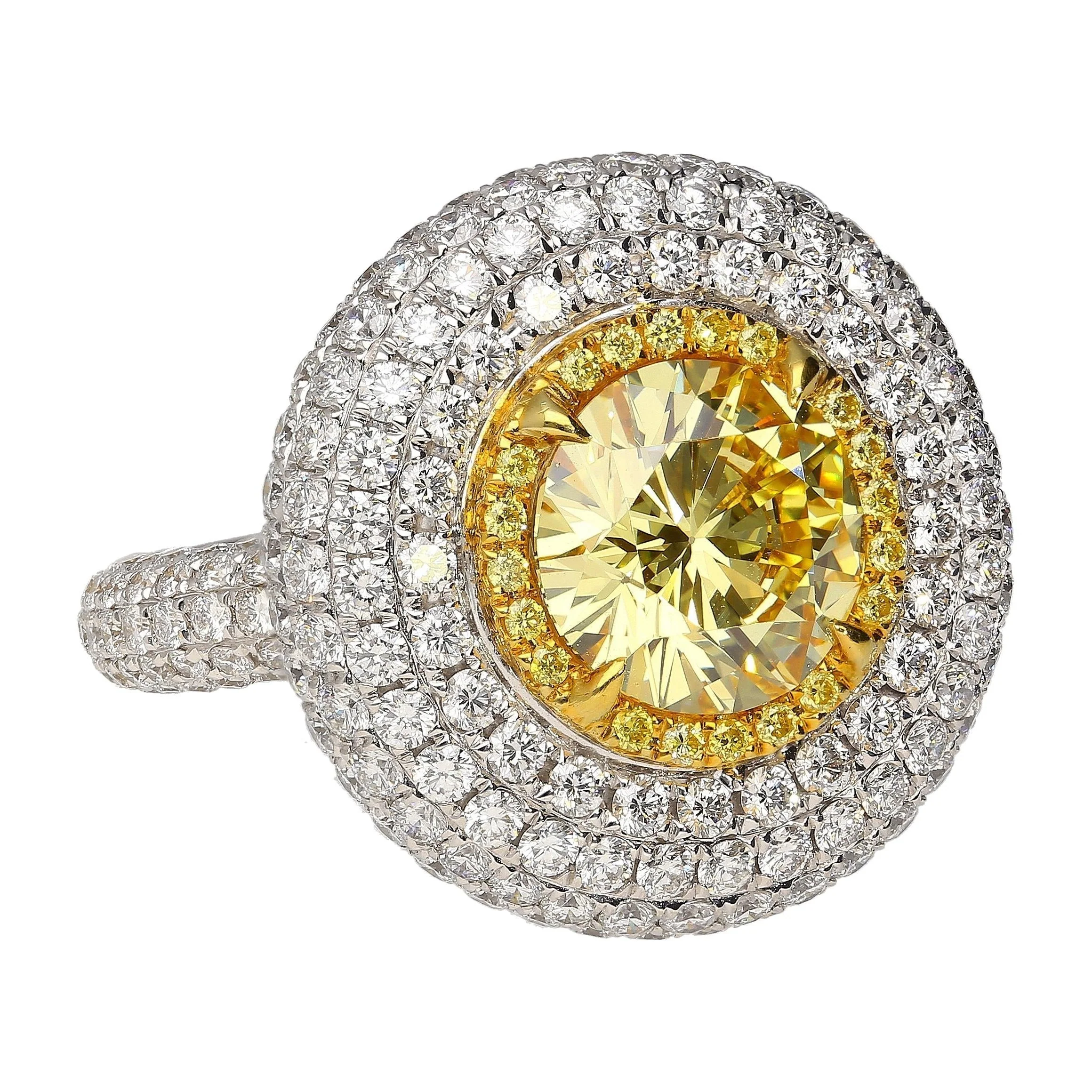 GIA Certified 3.3 Carat Fancy Intense Yellow Flawless Round Diamond Ring - Image 3