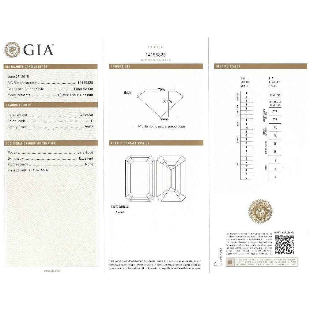 GIA Certified 3.45 Carat F/VVS2 Emerald Cut Diamond Engagement 3 Stone Ring - Image 6