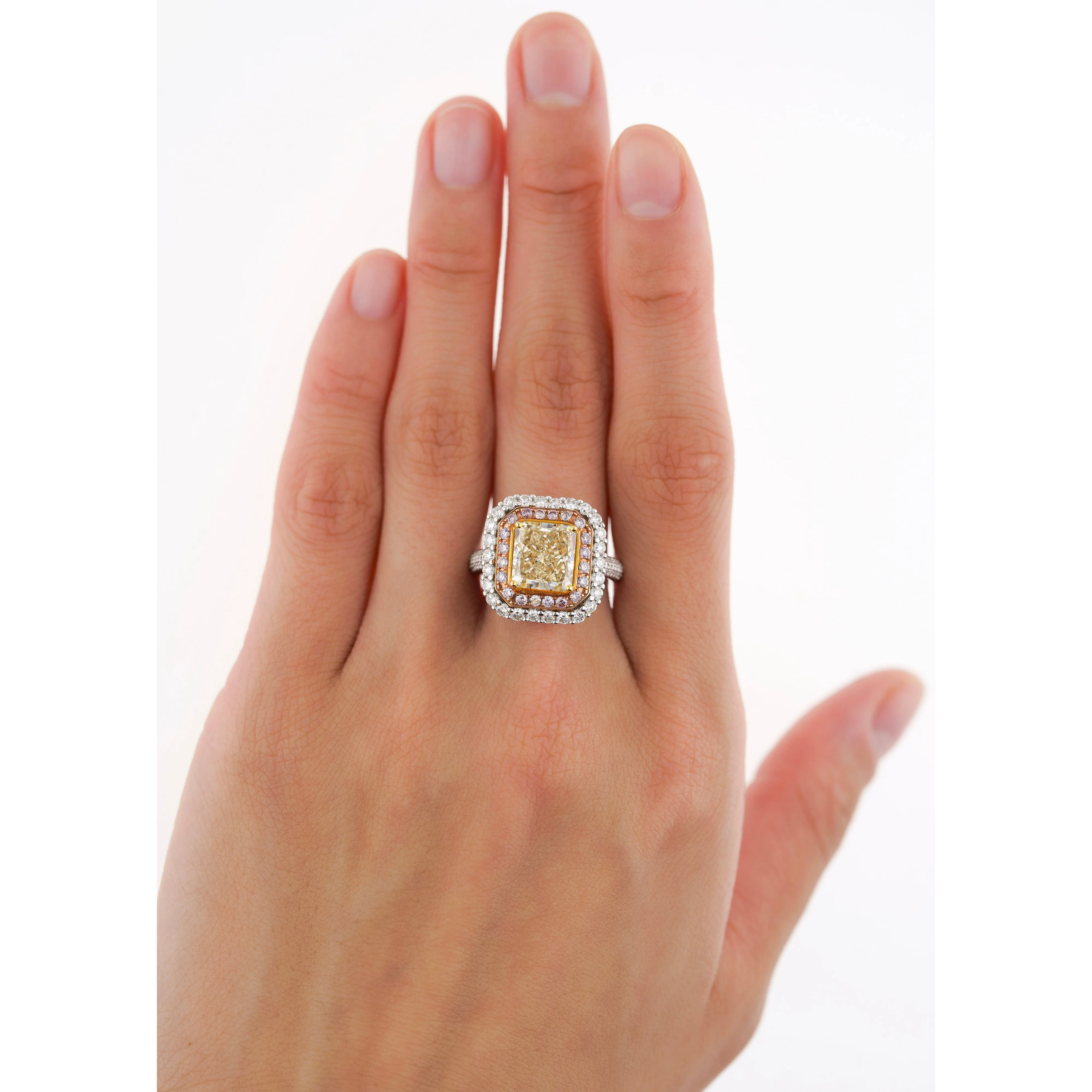 GIA Certified 3.51 Carat Fancy Brownish Yellow Diamond Ring with Pink and White Diamond Halo - Image 6