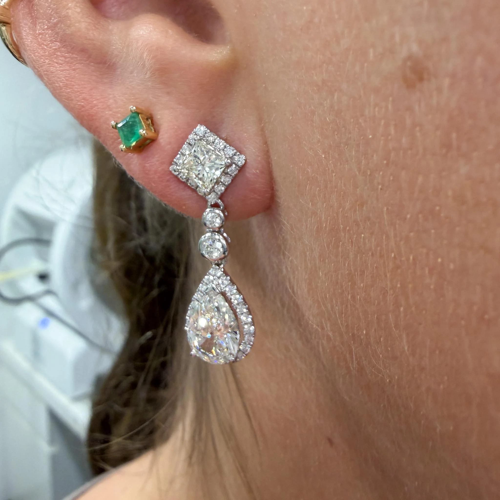 GIA Certified 3.93 Carat Pear Cut &Diamond Halo Drop Earrings in 18K White Gold - Image 11