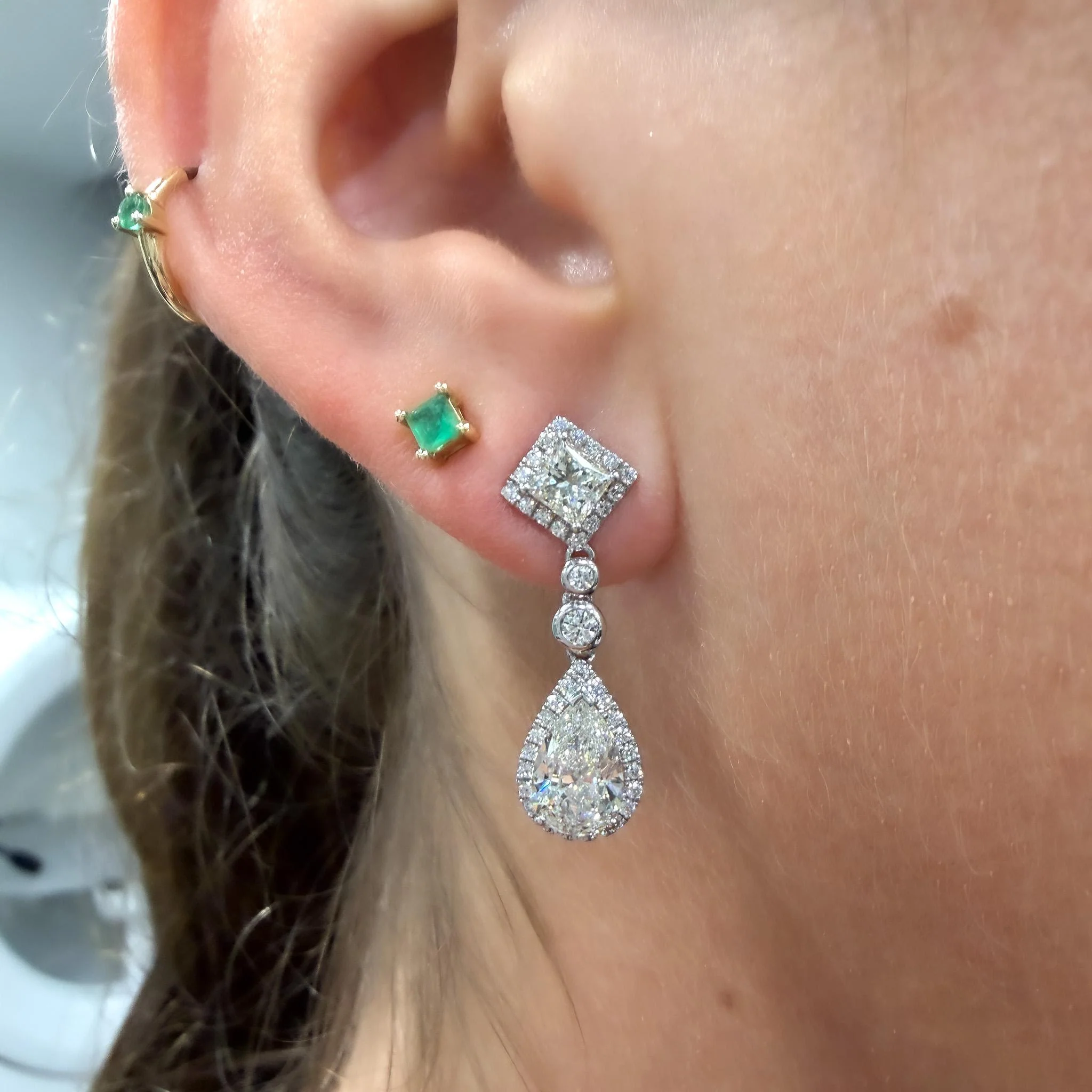 GIA Certified 3.93 Carat Pear Cut &Diamond Halo Drop Earrings in 18K White Gold - Image 12
